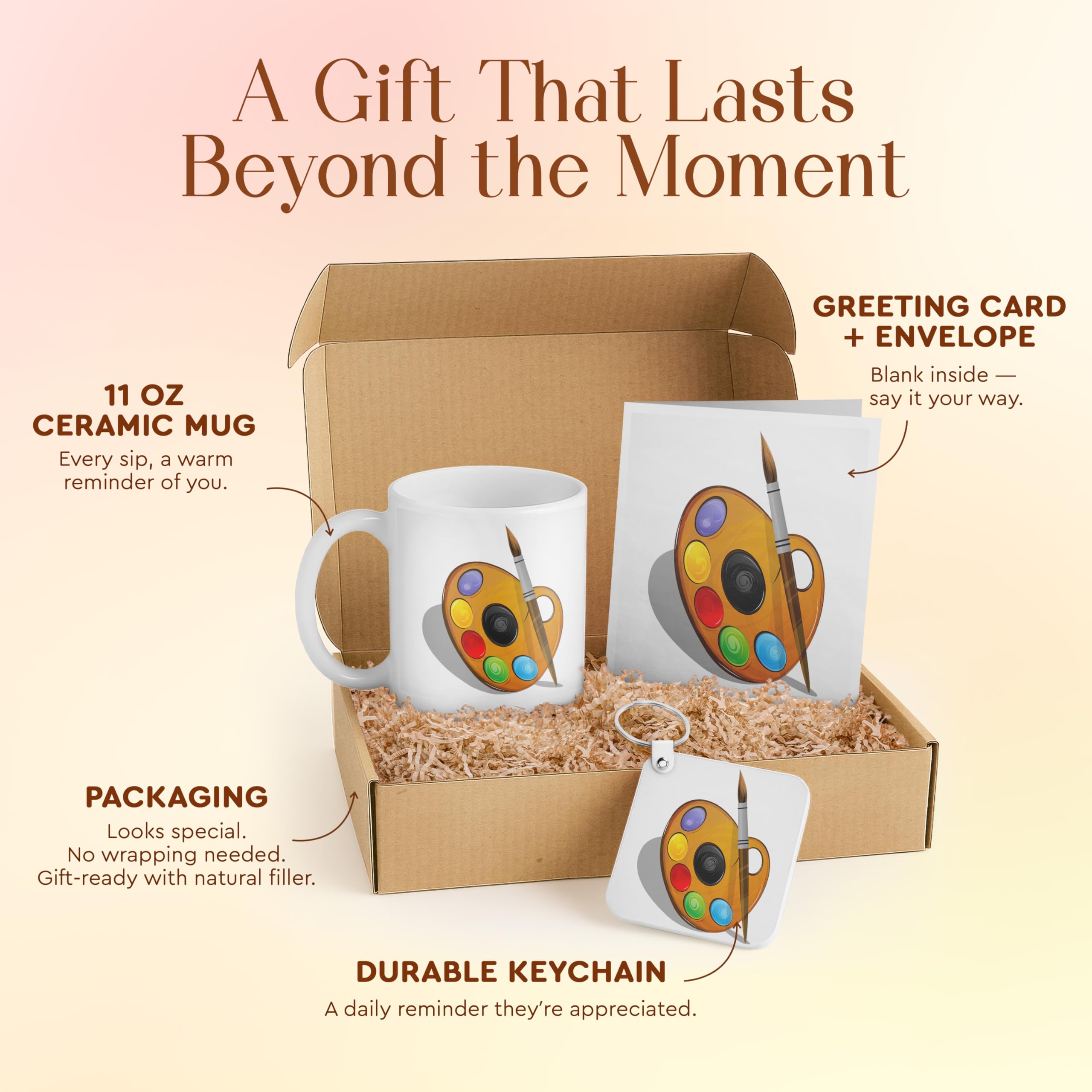 3dRose Art Lovers Gift Set - Colorful Paint Palette Design Mug, Card, and Keychain - Perfect for Artists, Birthdays, and Creative Friends