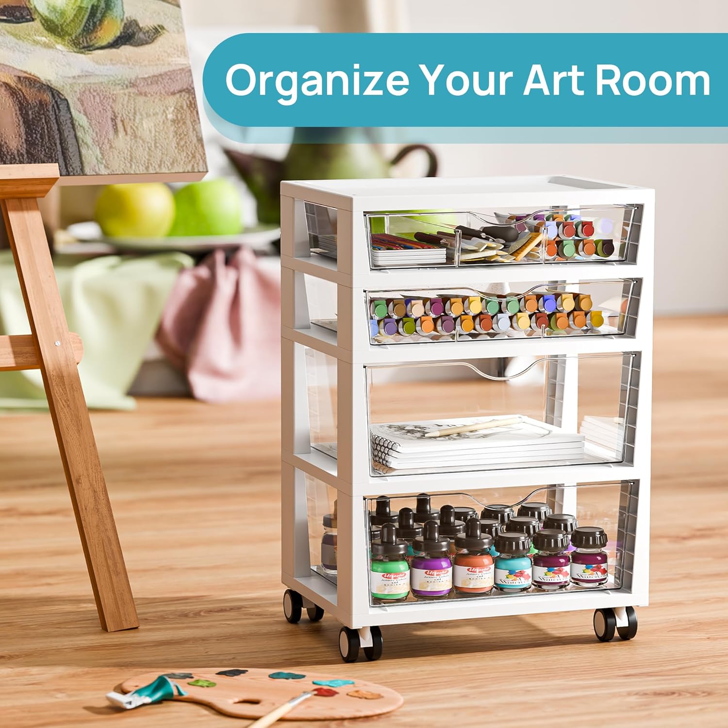 Vtopmart Plastic Drawer Storage Rolling Cart with Wheels, 4-Tier Drawer Organizer for Art Crafts Supplies, Home Office Supplies, Toys, Under Desk Storage for Office, Craft Room, Bedroom, Classroom - Image 7