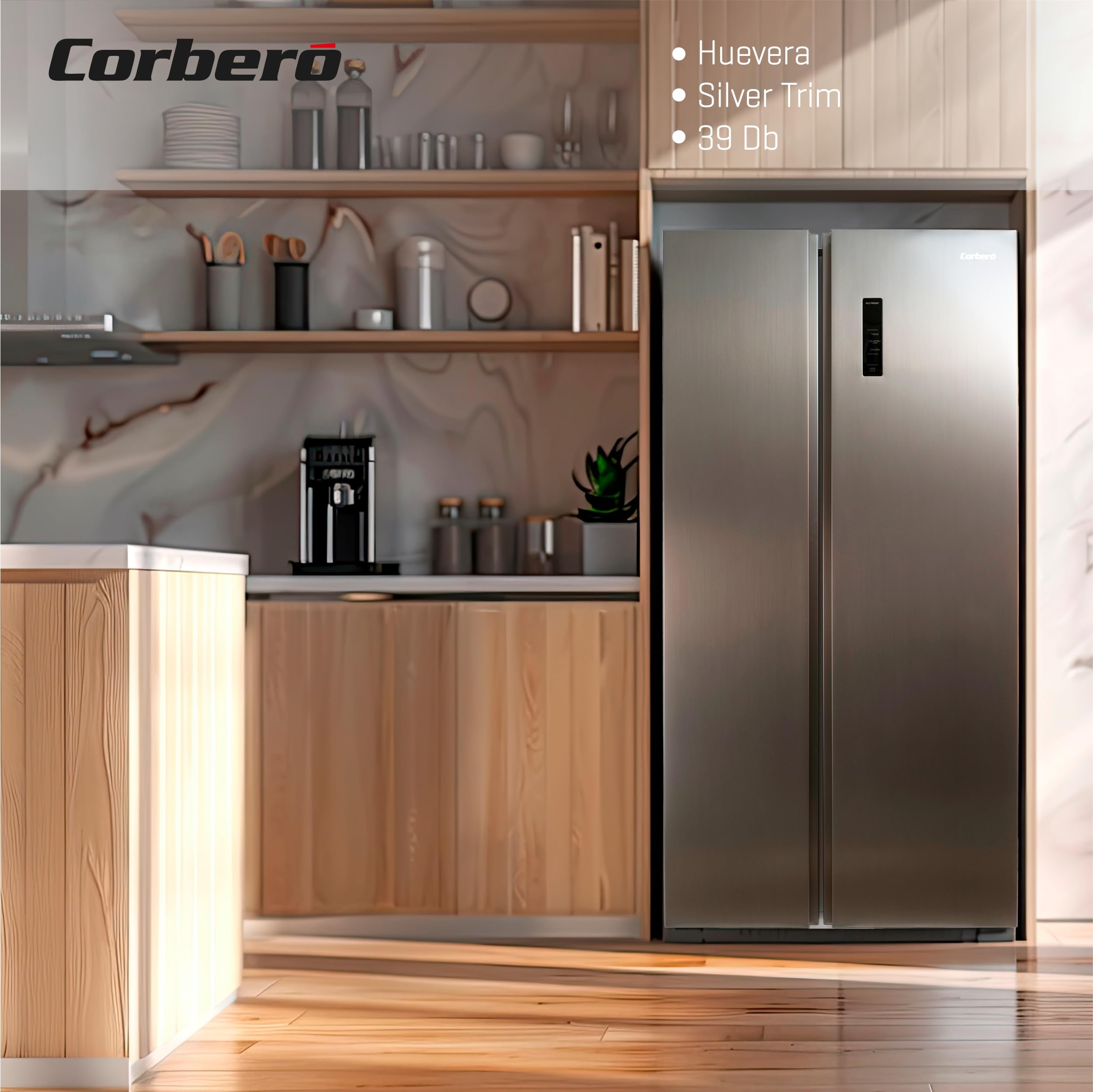 Corberó - Frigorífico Americano | CFSBSH930NFXINV | No Frost | Inverter | 595L |177 cm | Display en Puerta | Luz LED | 6 Cajones | 4 Zonas de Temperatura | Funcion ECO | Inox
