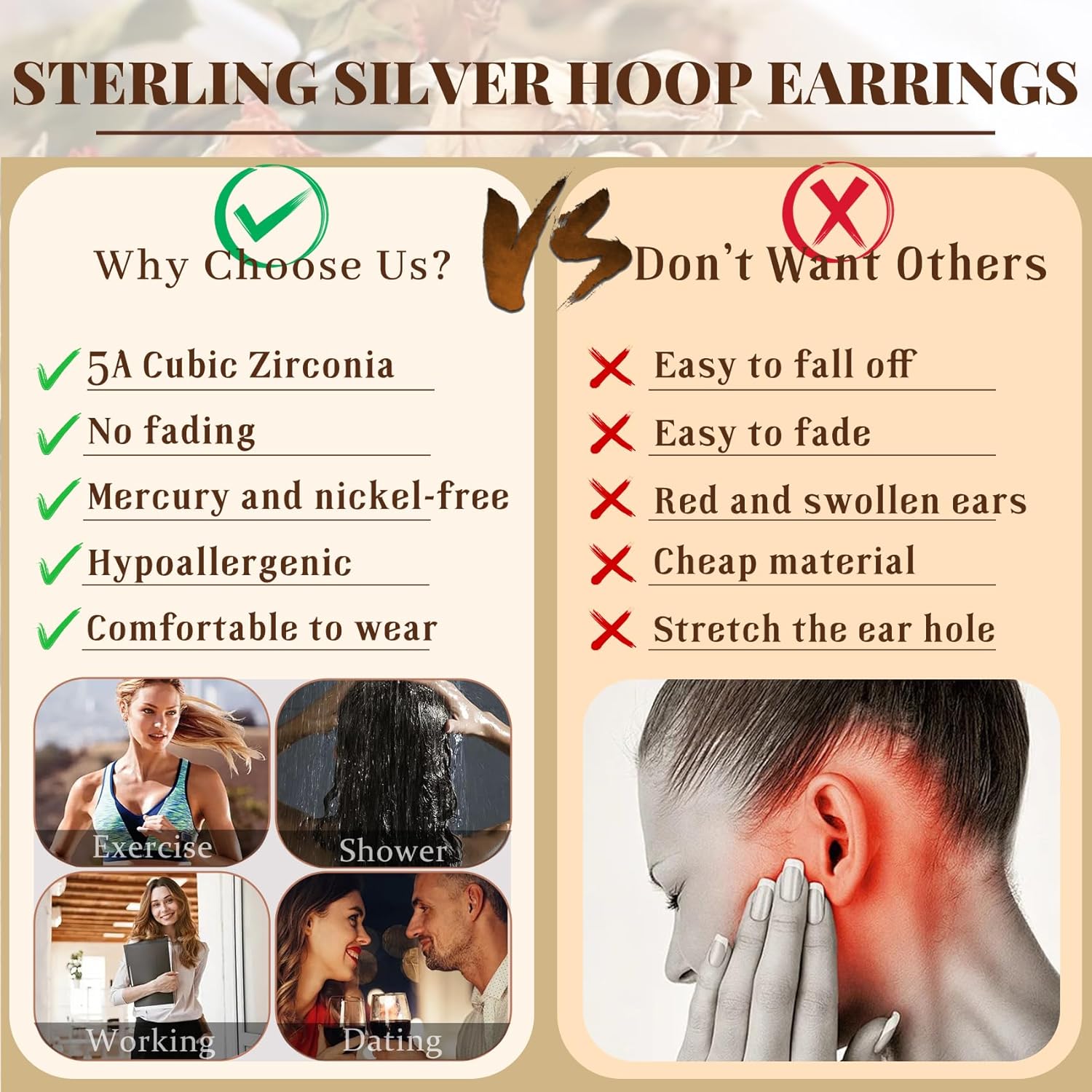 PABBEU S925 Sterling Silver Hoop Earrings for Women Cubic Zirconia Hypoallergenic Lightweight Dainty Heart Large Silver Hoop Earrings for Women 30/40mm - Image 5