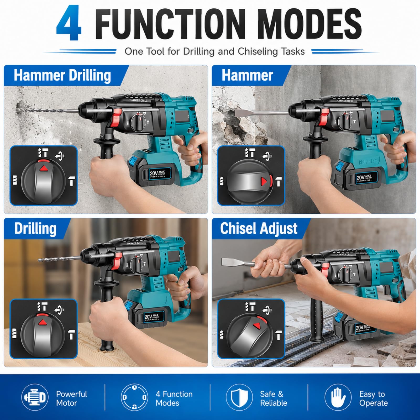 Kit combinado de herramientas eléctricas inalámbricas de 20 V, juego de herramientas sin escobillas de 4 herramientas con amoladora angular, martillo perforador, llave de impacto