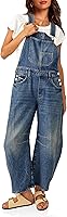 PLNOTME Women's Barrel Leg Denim Bib Overalls with Adjustable Straps, Pockets - Stylish Jumpsuit Pants