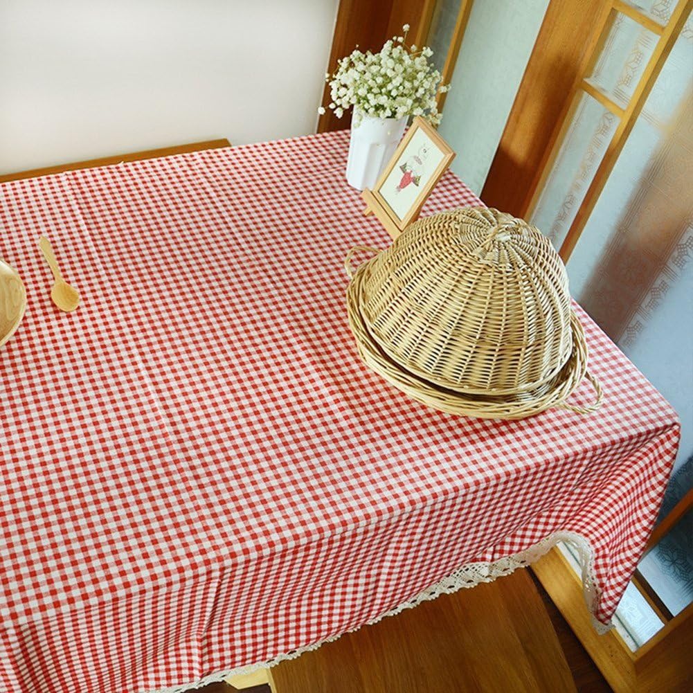 Fanjow® Cotton Linen Tablecloth Red And White Plaid Lace Table Cloth Classic Style Table Cloth Dustproof Rectangular Table Cover (55"*98", Red Checker)