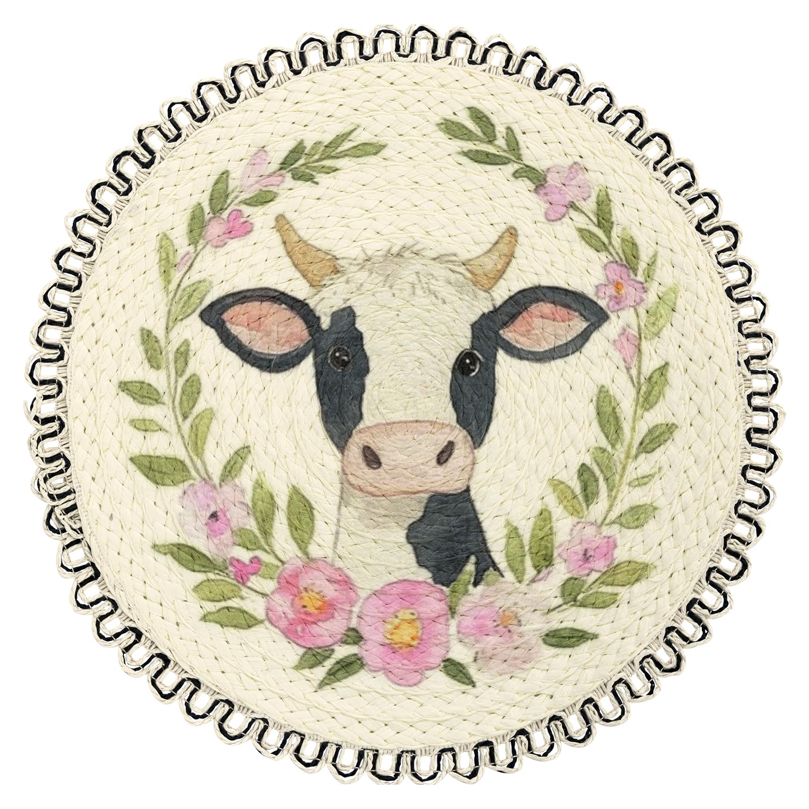 Photo 1 of SHACOS Farmhouse Cow Floral Printed Round Placemats Set of 6 Natural Material Wipeable Place Mats Rustic Countryside Farm Scalloped Table Mats for Kitchen Dining Room Decor