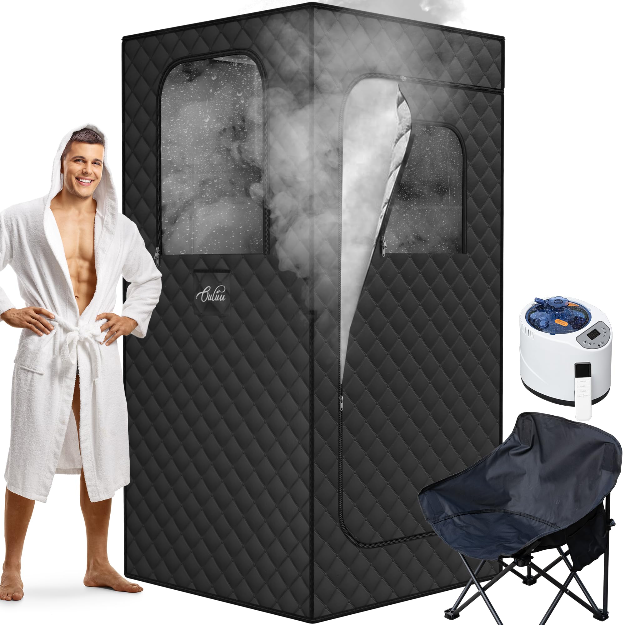 Large Protable Sauna Box, 3L Steamer Protable Steam Sauna for Home, Personal Sauna with Big Sauna Chair, Remote Control, Foot Massager, 3.2’ x 3.2’ x 6.0’, Black