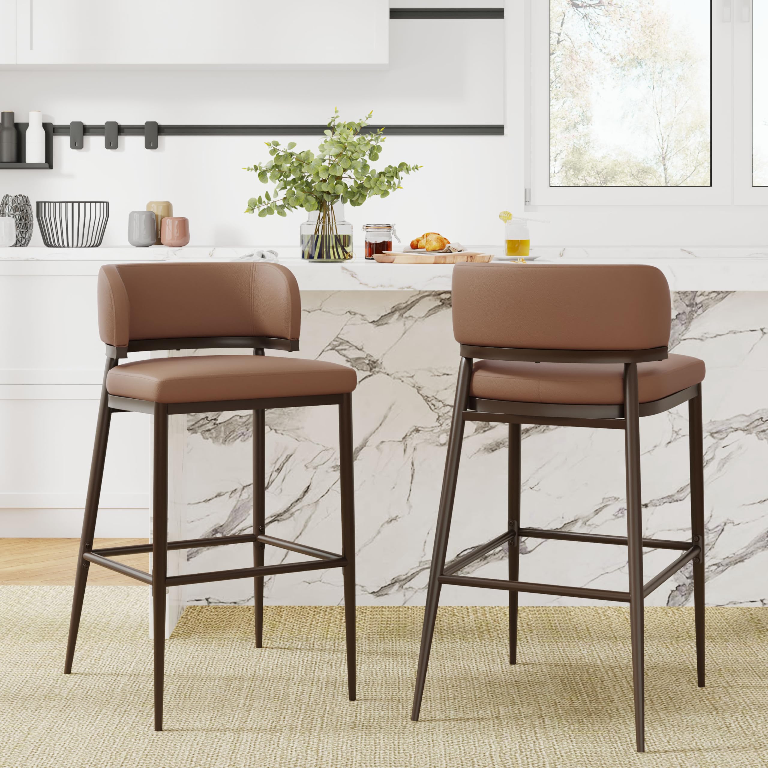 Christopher Knight Home Ebany Barstools Set of 2, Metal Frame Counter Stools, Upholstered Kitchen Chair, Curved Back Support Bistro Chairs, 30" H