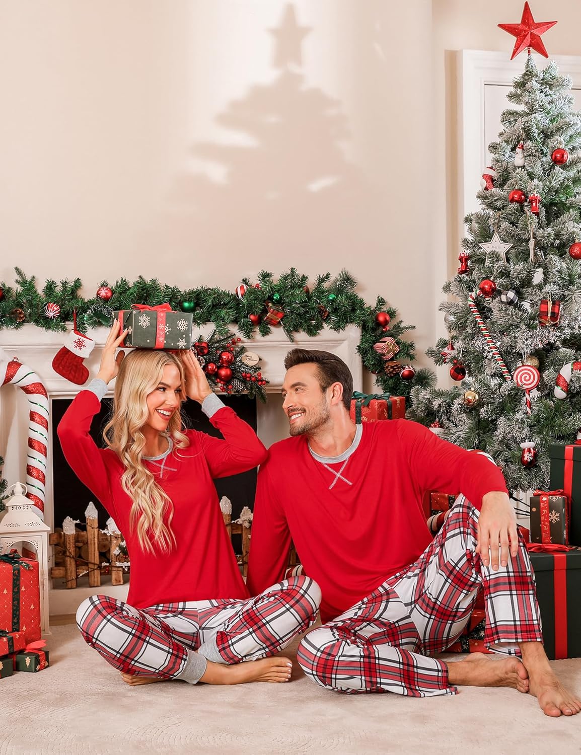 SWOMOG Couples Pajama Sets Women & Men Long Sleeve Sleepwear Top Plaid Pants Loungewear Set with Pockets - Image 3