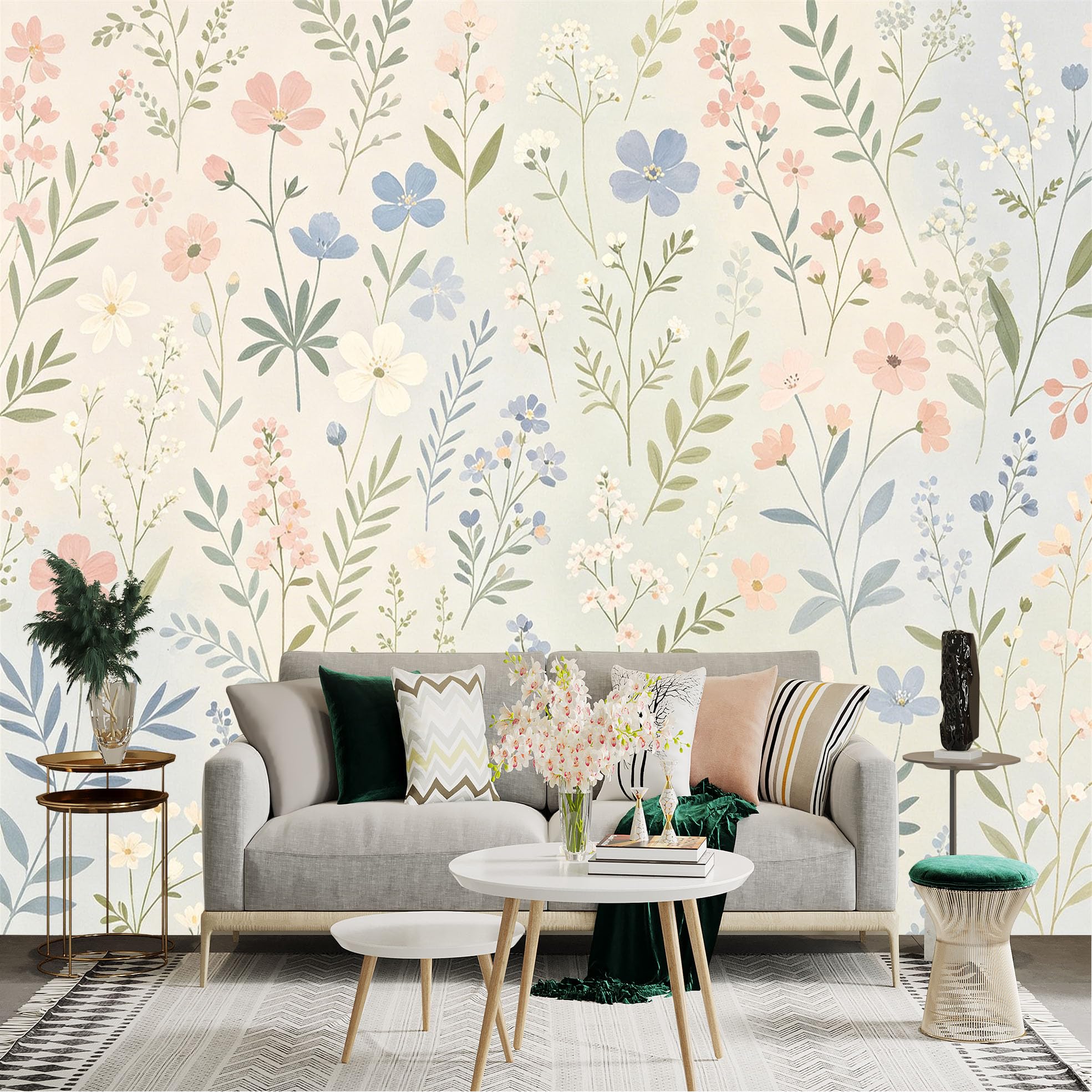 Lnzczhyre Dbh260521949 Custom Size Wall Sticker Mural， Watercolor Pastel Wildflowers， Soft Botanical Field， Delicate Floral Pattern， For Wall Decoration， Peelandstick Wall Decals.