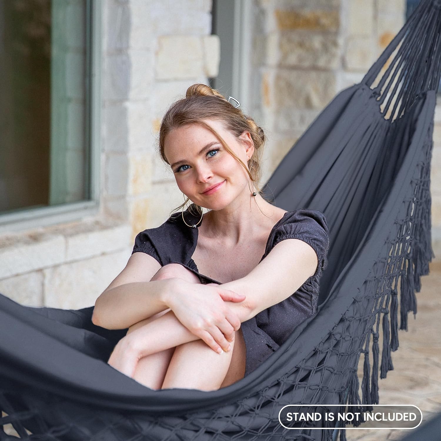 SUNCREAT Extra Large Double Hanging Hammock for Camping, Hammocks for Outside 2 Person Heavy Duty, Dark Gray with Tassels