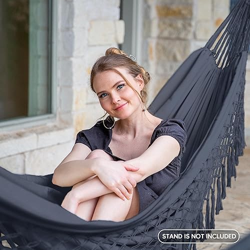 Miniatura 2 de SUNCREAT Hamaca colgante doble extragrande para camping, hamacas para 2 personas exteriores, resistente, gris oscuro con borlas