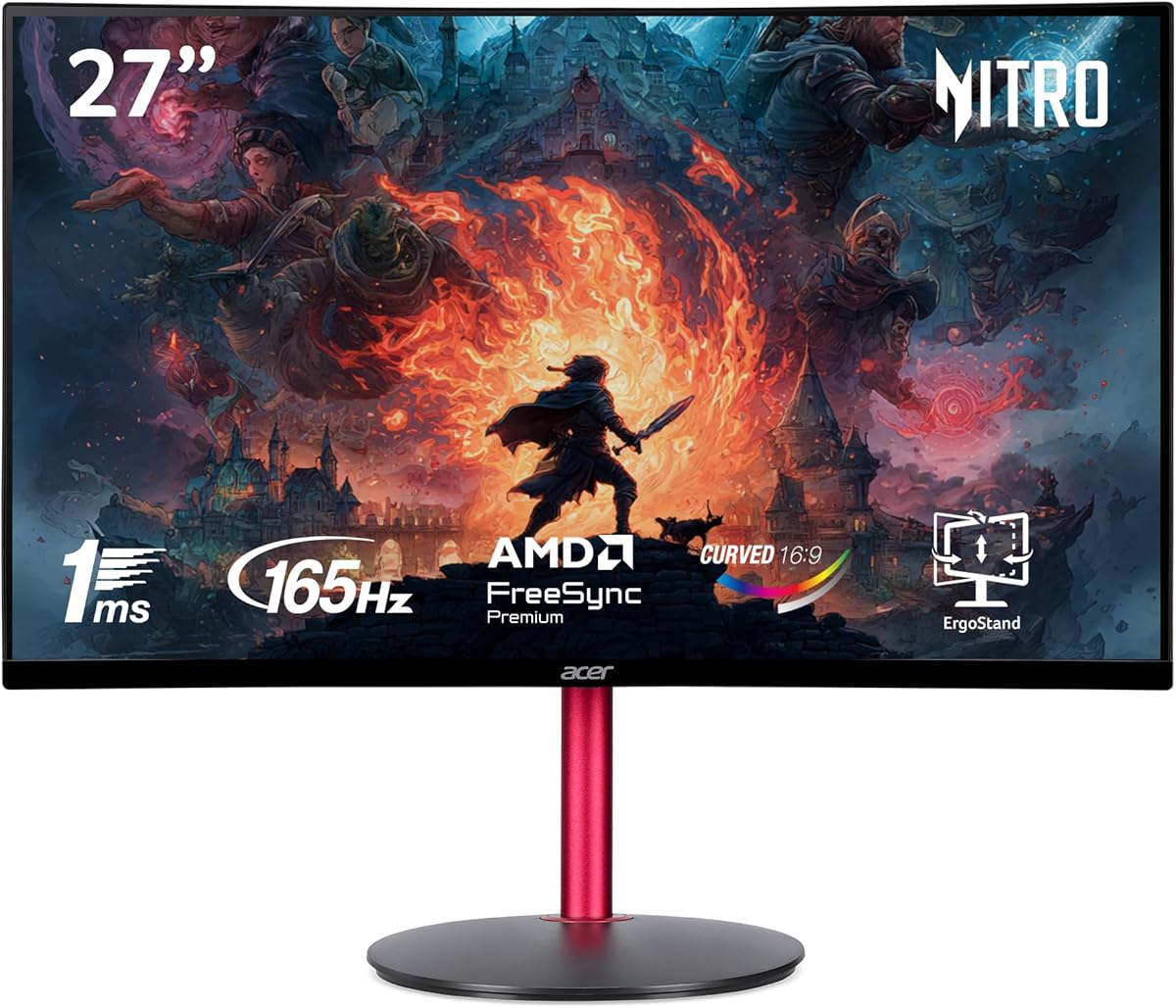 acer Nitro 27" Full HD 1920 x 1080 1500R Curve PC Gaming Monitor | AMD FreeSync Premium | 165Hz Refresh | 1ms (VRB) | ZeroFrame Design | 1 x Display Port 1.4 & 2 x HDMI 2.0 Ports ED270R Mbmiiphx
