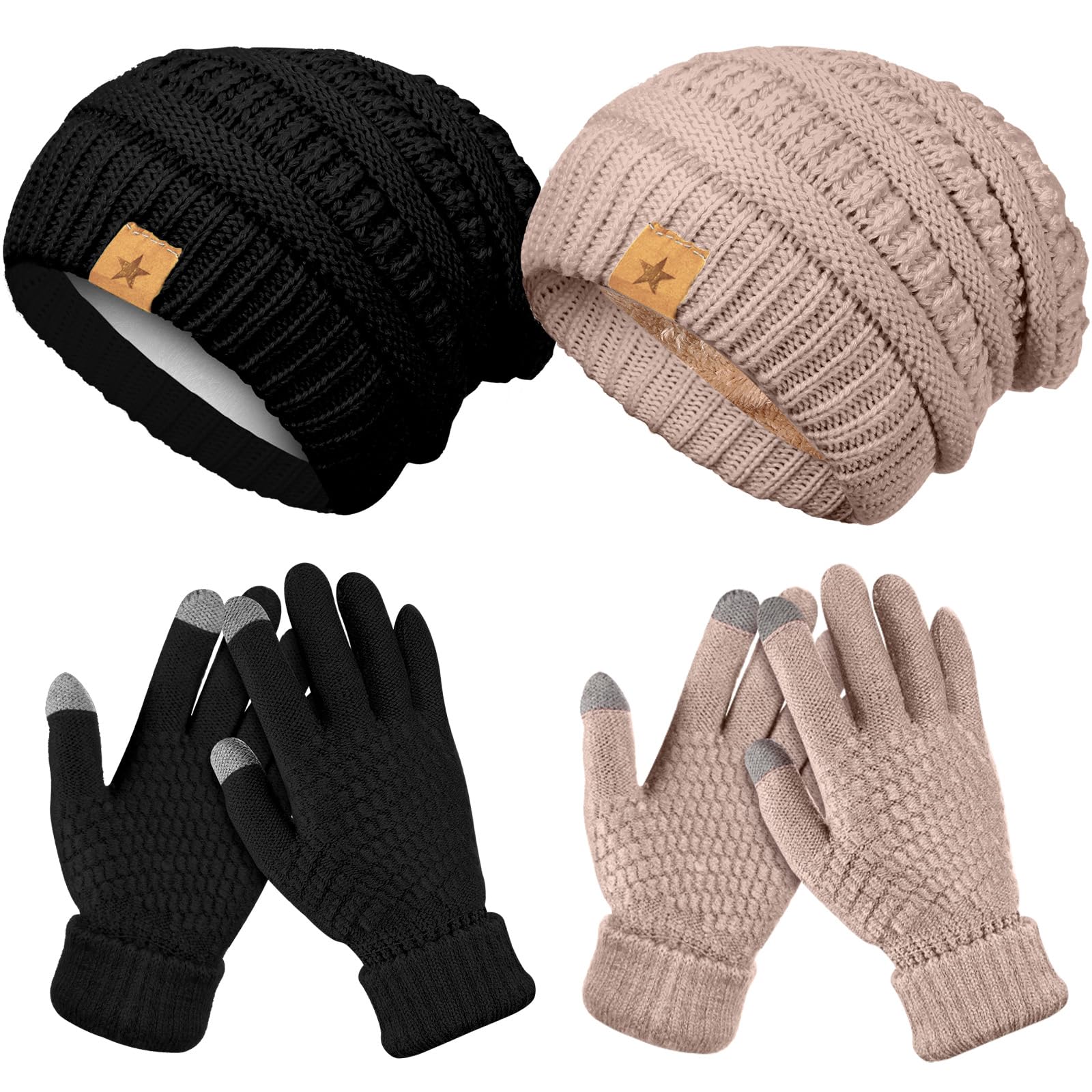 4 Pcs Winter Hat and Gloves for Women Fleece Lined Knit Beanie Touchscreen Gloves Warm Skull Hat Set for Cold Weather-picture-26