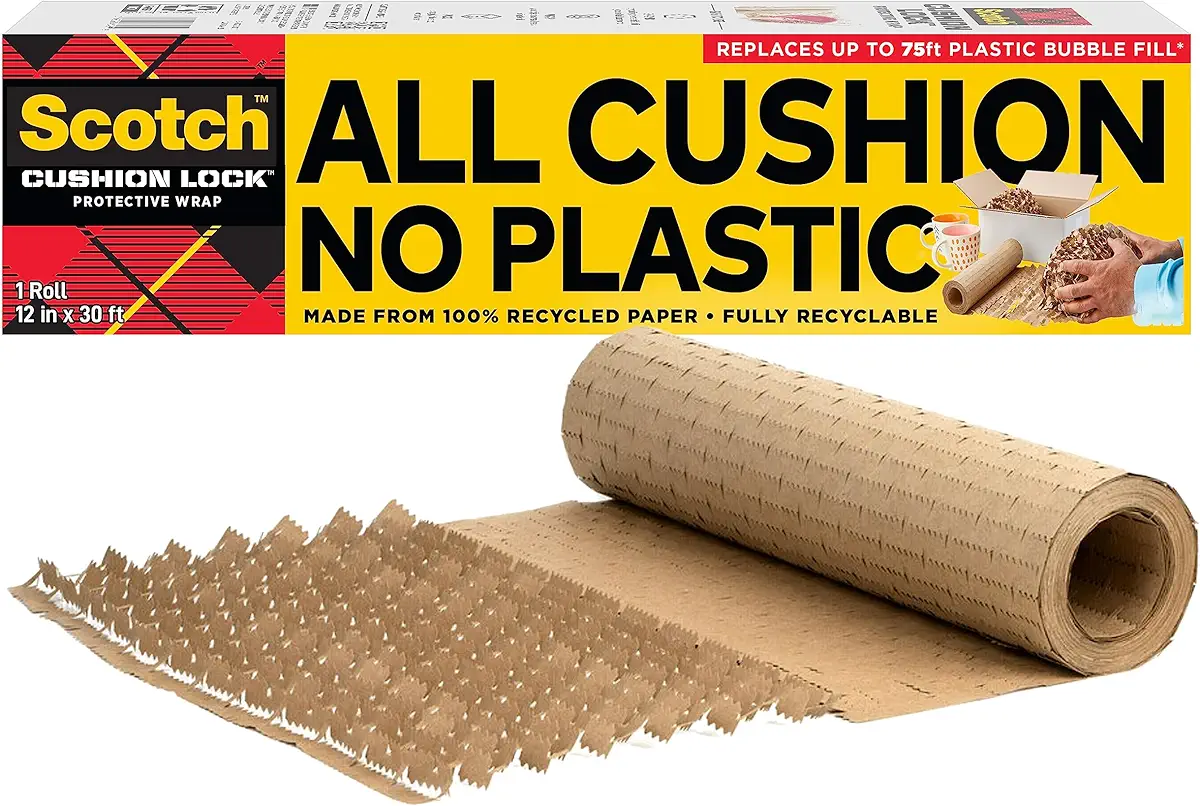Scotch Cushion Lock Protective Wrap, 12 in x 30 ft, Sustainable Packaging Solution for Packing, Shipping and Moving,No Scissors or Tape Needed, Great Alternative to Bubble Cushion Wrap (PCW-1230),Tan