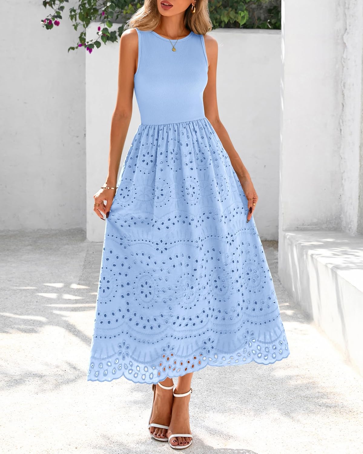 dowerme Women Summer Dresses 2026 Casual Sleeveless Crewneck A-Line Boho Lace Eyelet Cotton Tank Maxi Dress with Pockets - Image 7