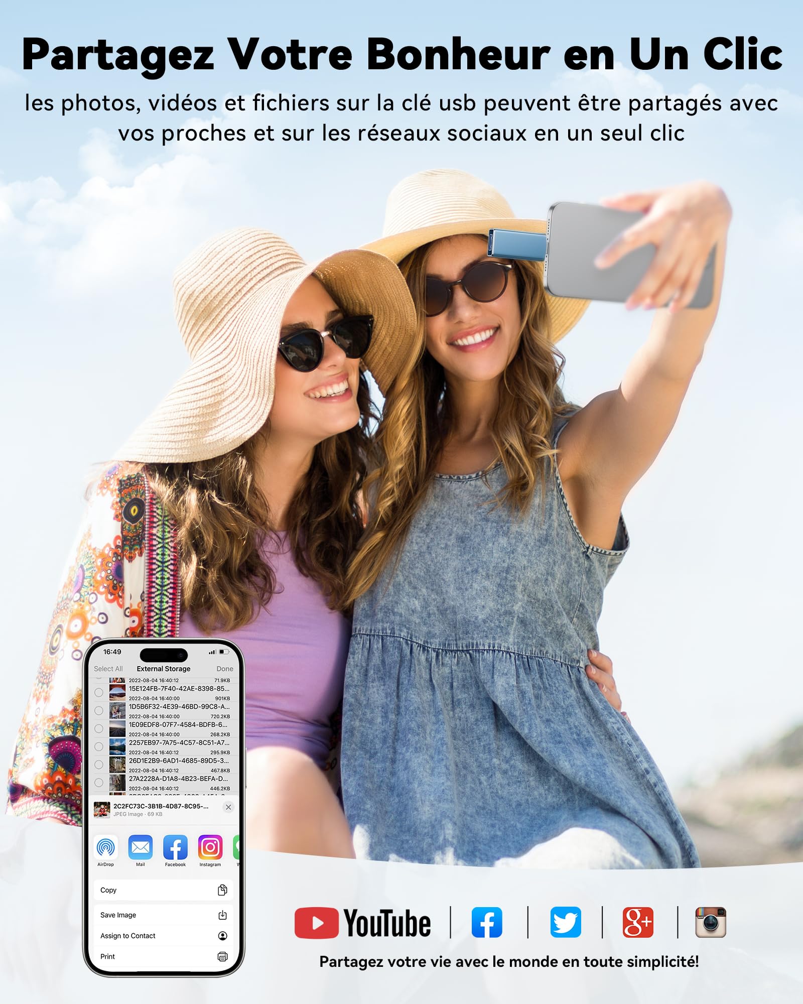 SUDEHO Clé USB iPhone MFI Certifié 256 Go 4 en 1 USB C Photo Stick Mémoire Externe Bleu