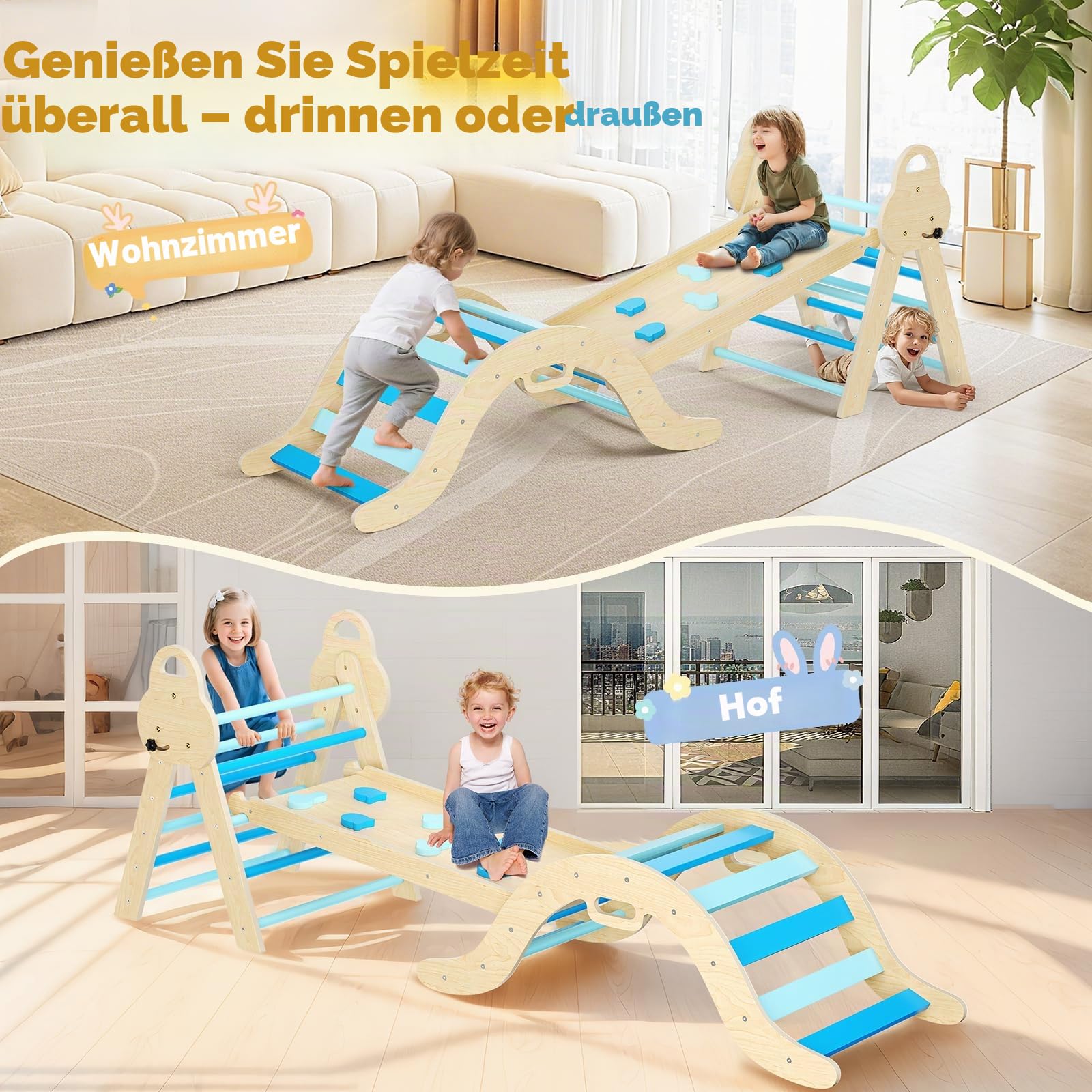7-in-1 Montessori Klettergerüst Indoor, Kletterdreieck mit Rutsche & Kletterbogen, stabiles Holzkletterspielzeug mit Sicherheitsmatte, Indoor Spielplatz für Kinder ab 1 Jahr(Blau)