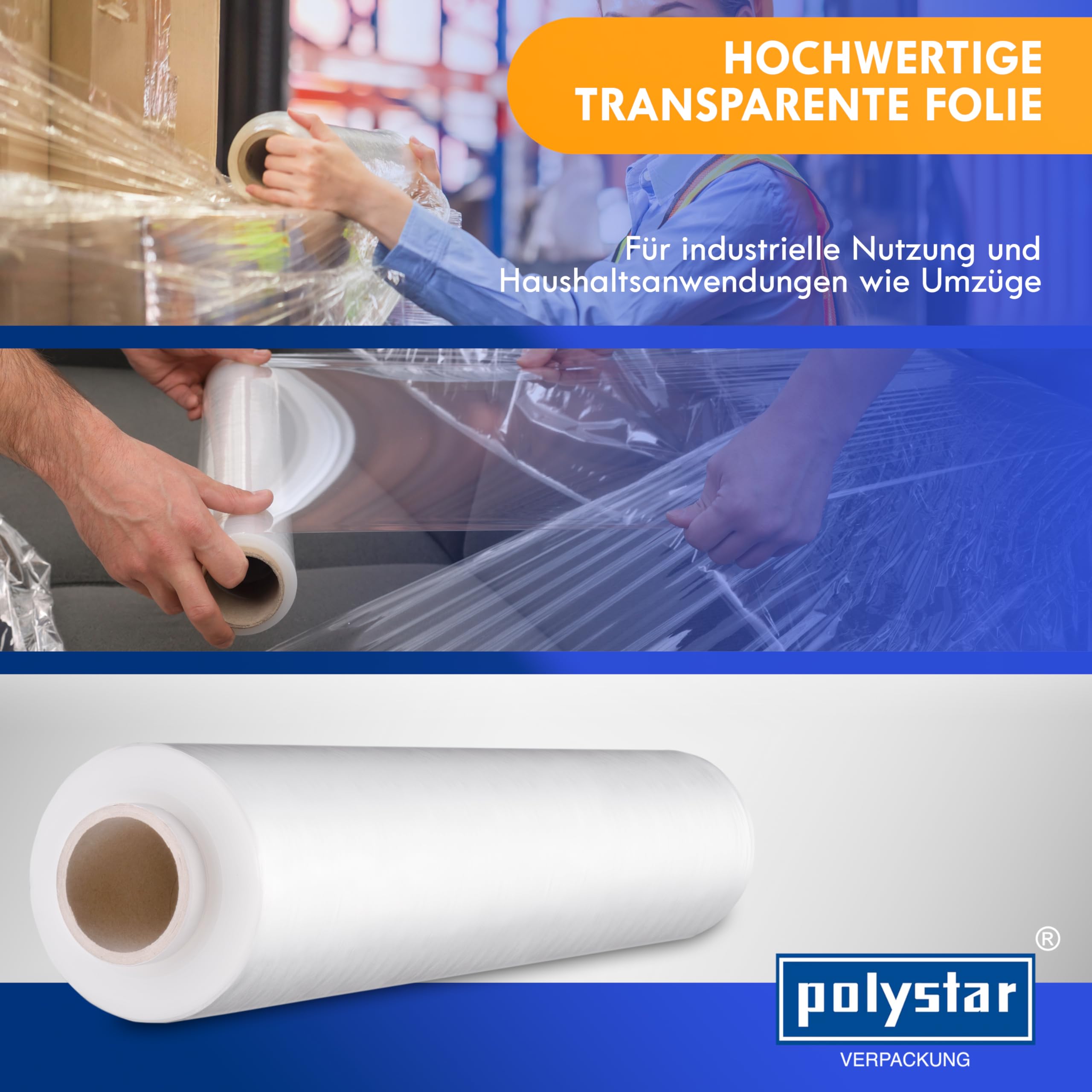 polystar Stretchfolie transparente Stretchfolienrolle, 500 mm breit, 23 my, 250 Meter | Wickelfolie für Umzug | Palettenfolie für Transport (36x Hand-Stretchfolie, 500 mm breit, 23 my)