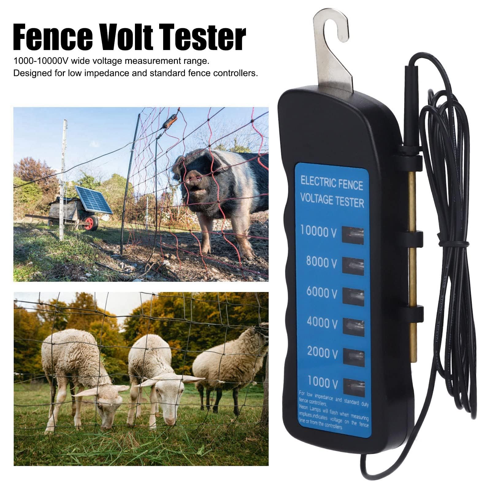 Vibrivo10000V - Comprobador de valla de pastoreo y medidor de corriente, resistente al agua con 6 ledes para valla de pastos, solar, compatible con granjas, mascotas y ganado (16,7 x 6 x 2 cm)