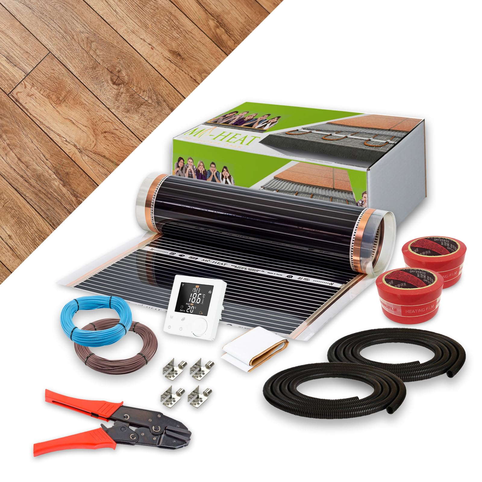Calefacción eléctrica por suelo radiante 130 W/m² – Juego completo de 5,0 m² con termostato inteligente WiFi – calefacción por suelo radiante eléctrico para laminado, parqué, vinilo sobre placa de