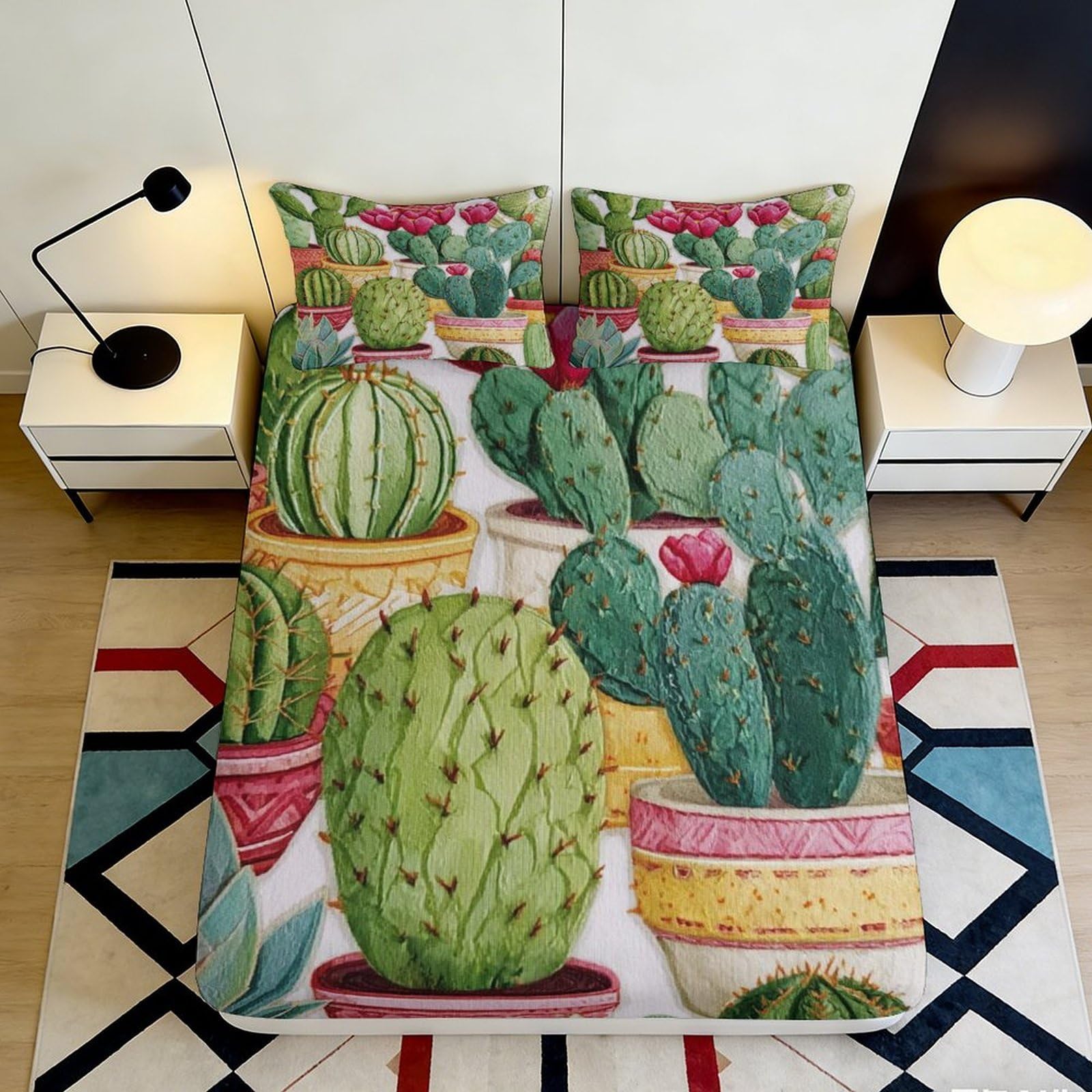 3D Printed Cactus Succulent Fitted Sheet Microfiber Non-Slip Mattress Cover for Bedroom Guest Dorm Decoration, Easy Care 140x200x25cm
