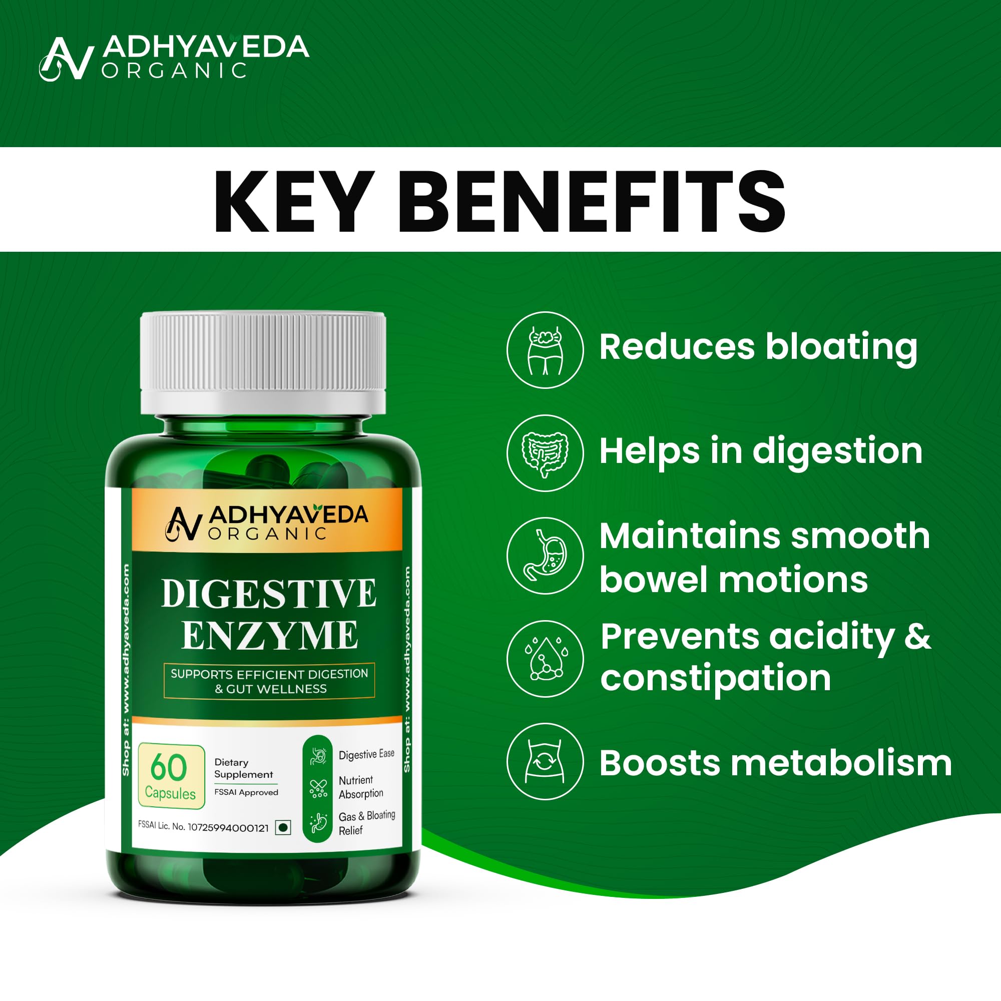 Adhyaveda Digestive Enzyme Capsules for Gut Health & Digestion Support | Papain, Bromelain, Amylase, Protease, Lactase & Cellulase Enzymes | Helps Relieve Bloating, Indigestion & Gas | Vegan, Non-GMO | 60 Capsules 4