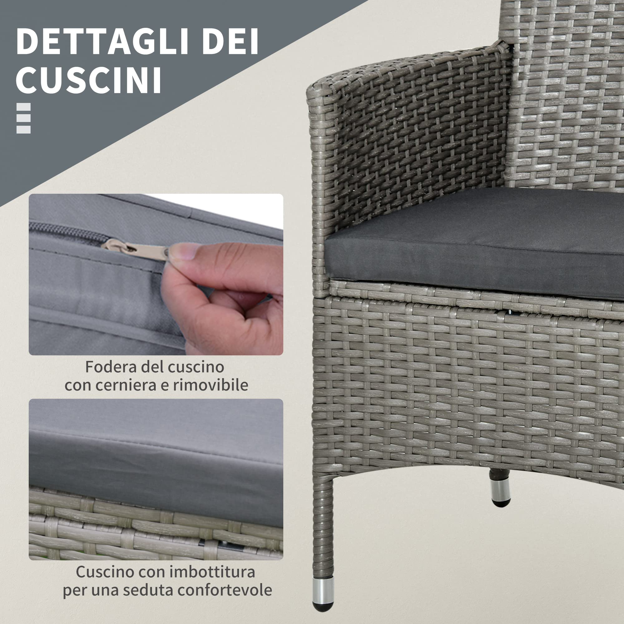 Outsunny Set Giardino Esterno 3 Pezzi Rattan PE Acciaio, 2 Sedie Cuscini Lavabili Braccioli Tavolino Caffè Vetro Grigio