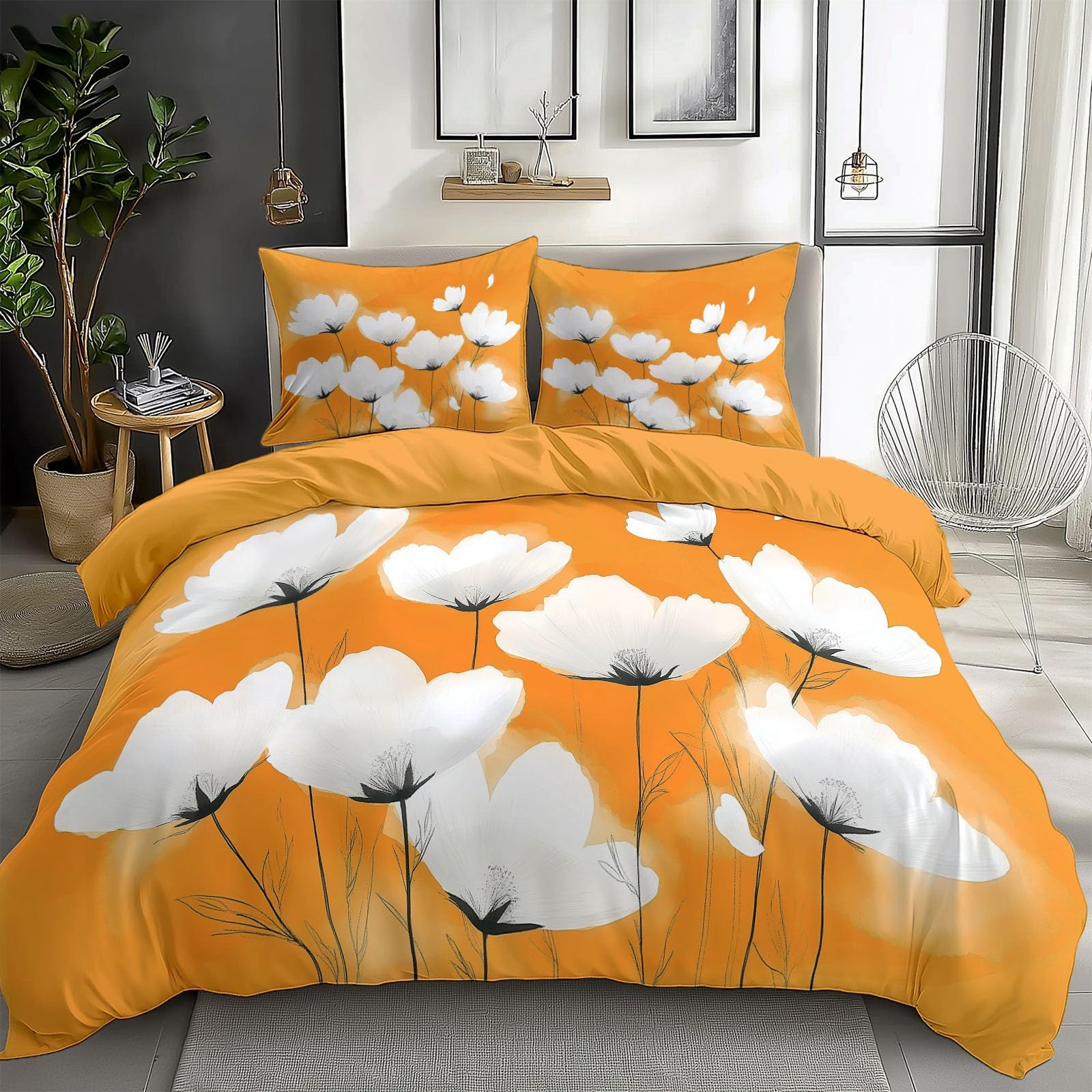 Orange Duvet Cover Queen Size for Kids Teen Floral Pattern White Print Bedding Sets with 2 Pillowcase, Reversible Super Soft Bedroom Decor Bed Cover 3 Piece for Boys Girls