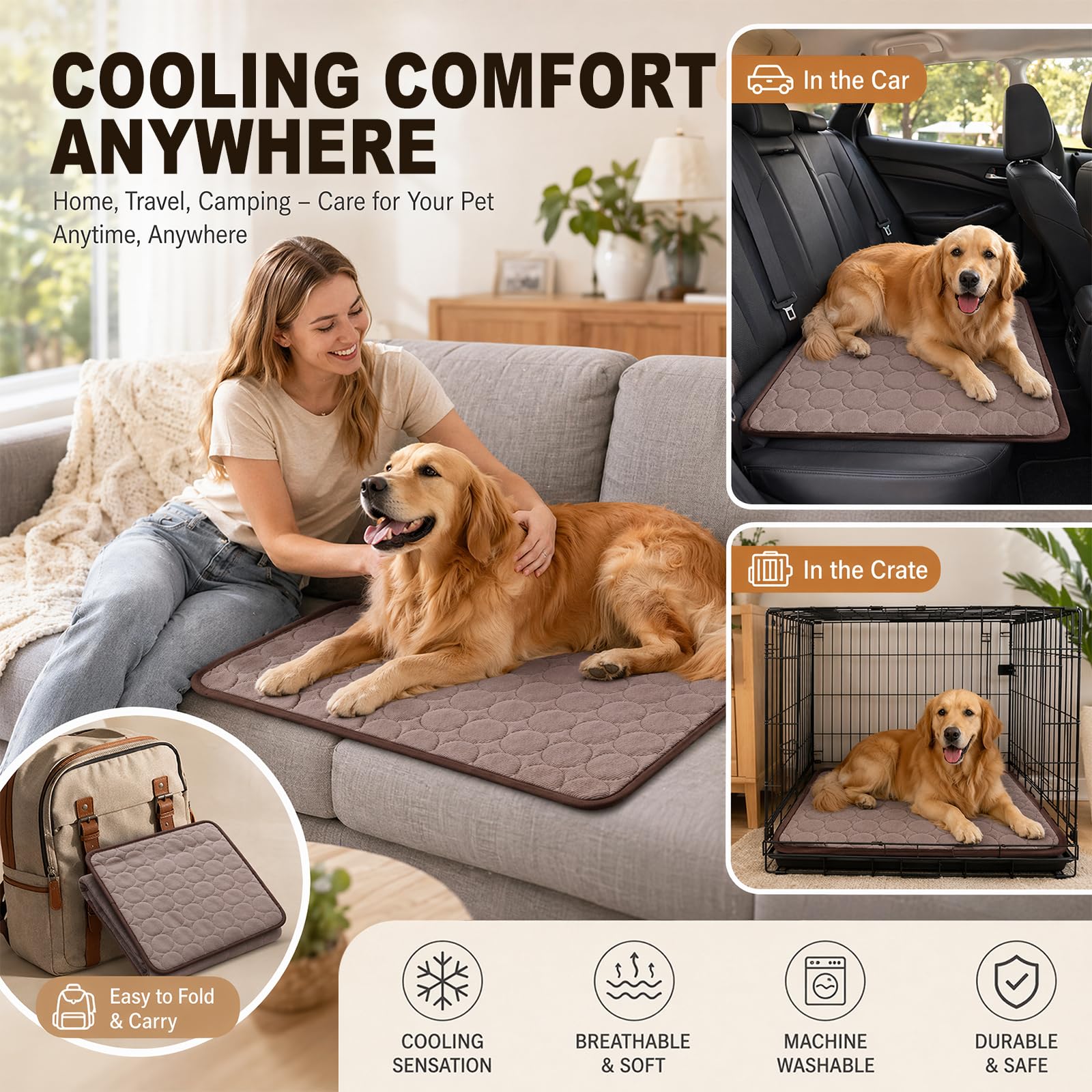 Yuragim Kühlmatte für Hunde Groß, Selbstkühlende Hundematte Sommer 100x70 cm, Kühldecke für Hunde und Katzen, Waschbar Kühlkissen, rutschfeste Hundematte Kühlend für Zuhause Auto Reise, Braun