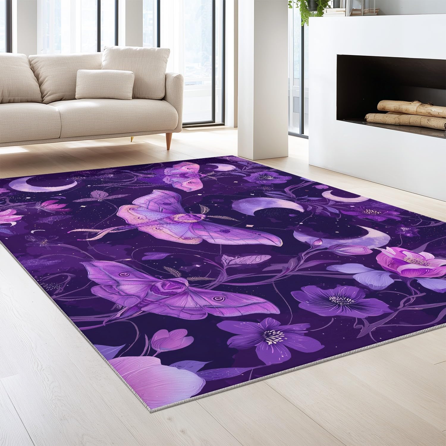 Generico 140 x 200 cm Dywan z krótkim włosiem, gotycki tajemniczy artystyczny wzór fioletowy ćma księżyc dywan dekoracje dywanowe, antypoślizgowe dywaniki nadające się do prania do pokoju dziewczynki