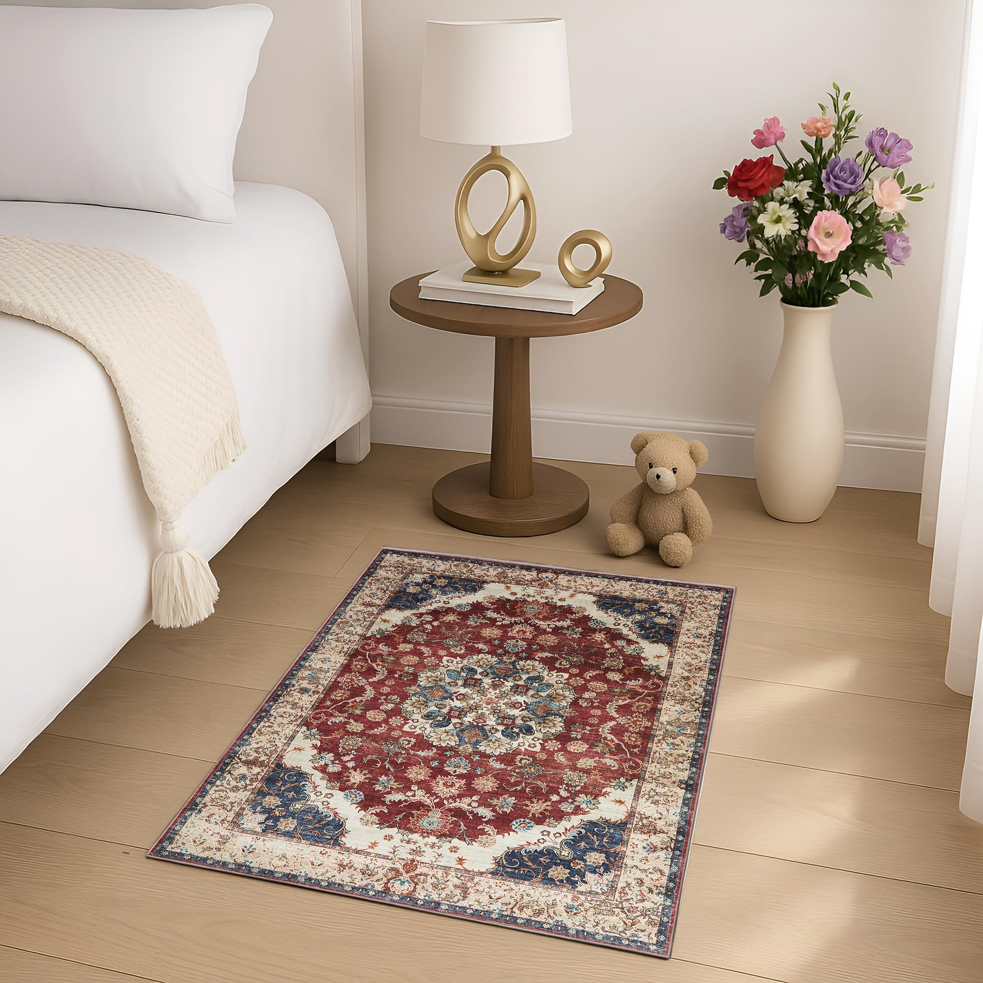 BedLooms Washable Bedside Area Rugs for Bedroom 60x110 cm Gold Red Small Rugs Living Room Traditional Floral Vintage Boho Carpet for Kitchen Non Slip Entryway Door Mat, (Whisper)