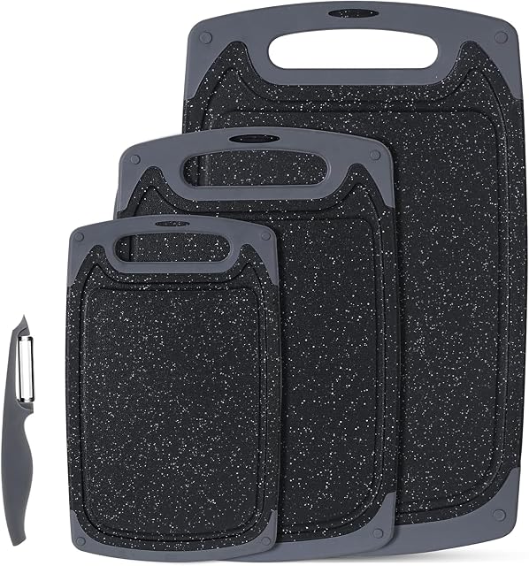 Cutting Boards for Kitchen, Plastic Chopping Board Set of 4 with Non-Slip Feet and Deep Drip Juice Groove, Easy Grip Handle Black