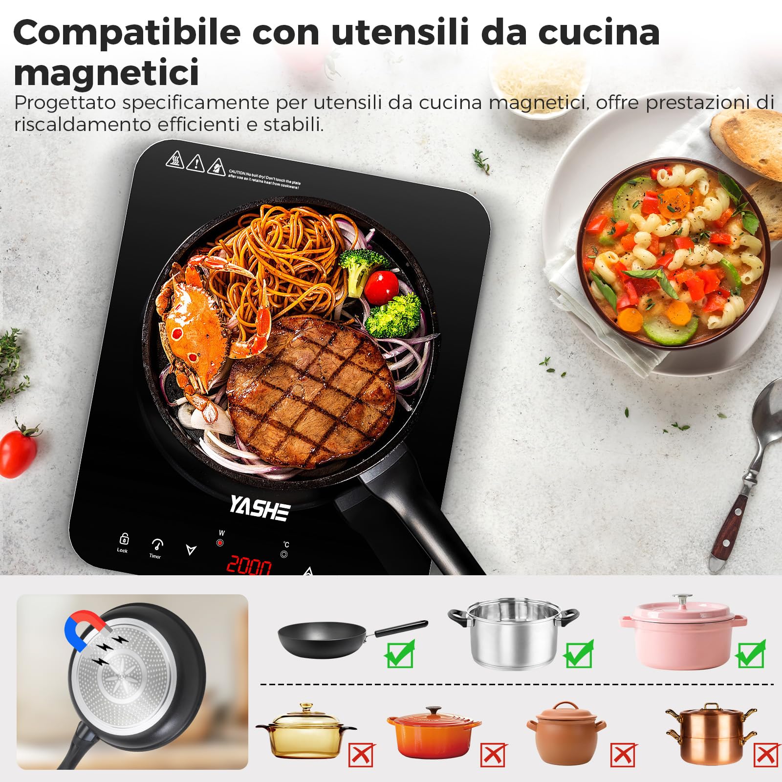 YASHE Piastra induzione – Piastra a induzione portatile a piano singolo, 10 impostazioni di potenza e 10 di temperatura, piastra a induzione da 2000 Watt, timer, blocco di sicurezza, facile da pulire