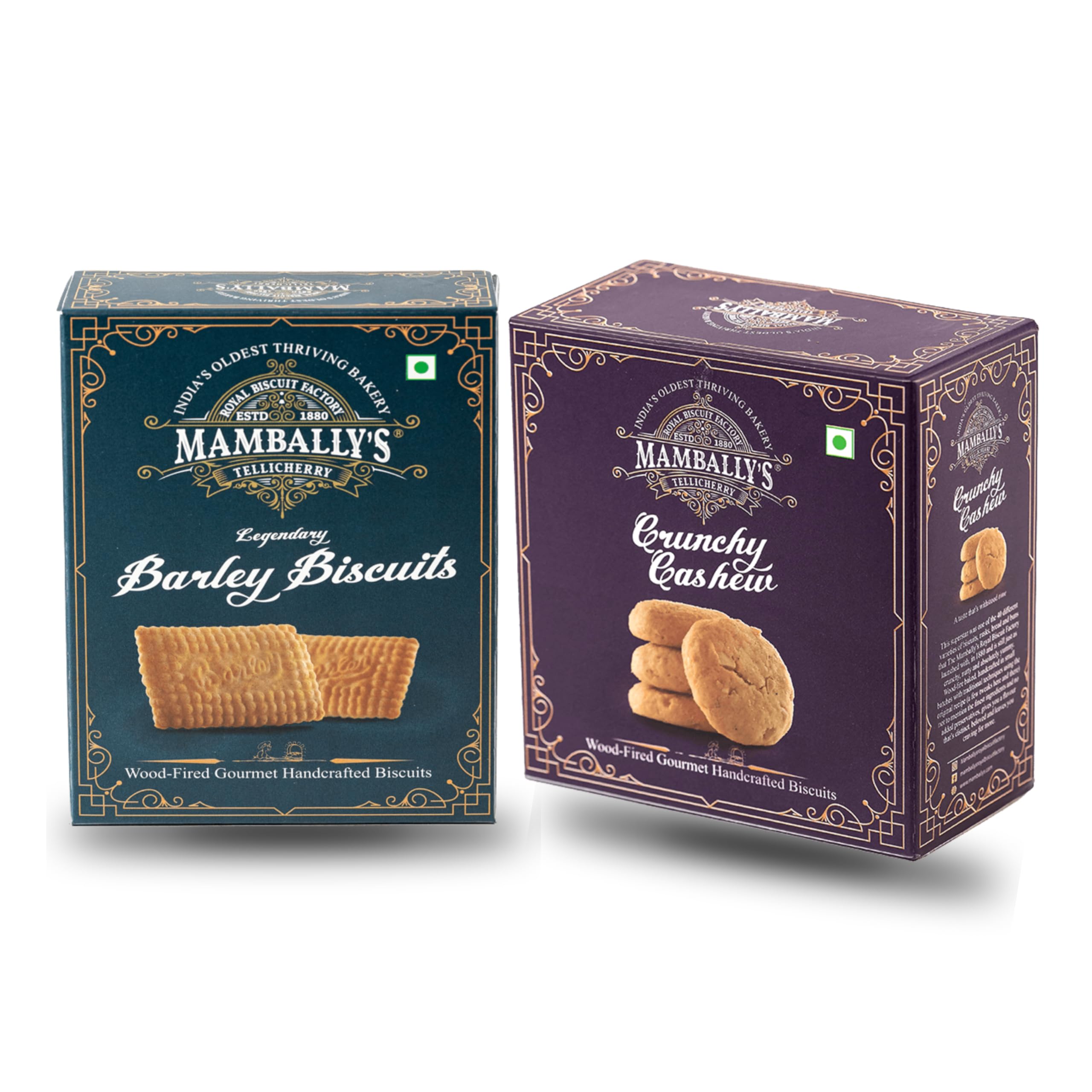 Mambally’s Barley & Crunchy Cashew Biscuit Combo Pack – Wood-Fired Gourmet Bakes, Handcrafted with Pure Butter & Premium Ingredients | Traditional Recipe Since 1880 | Eggless, No Added Preservatives | Pack of 2 x 200g
