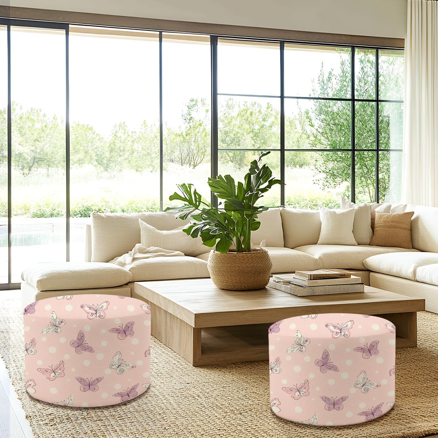 Round Pouf Ottoman Pastel Pink Butterfly Seamless Repeat Butterfly dots Foot Stool Foot Rest Floor Stool Bean Bag Chair Cotton Linen Removable Indoor Outdoor for Living Room Bedroom