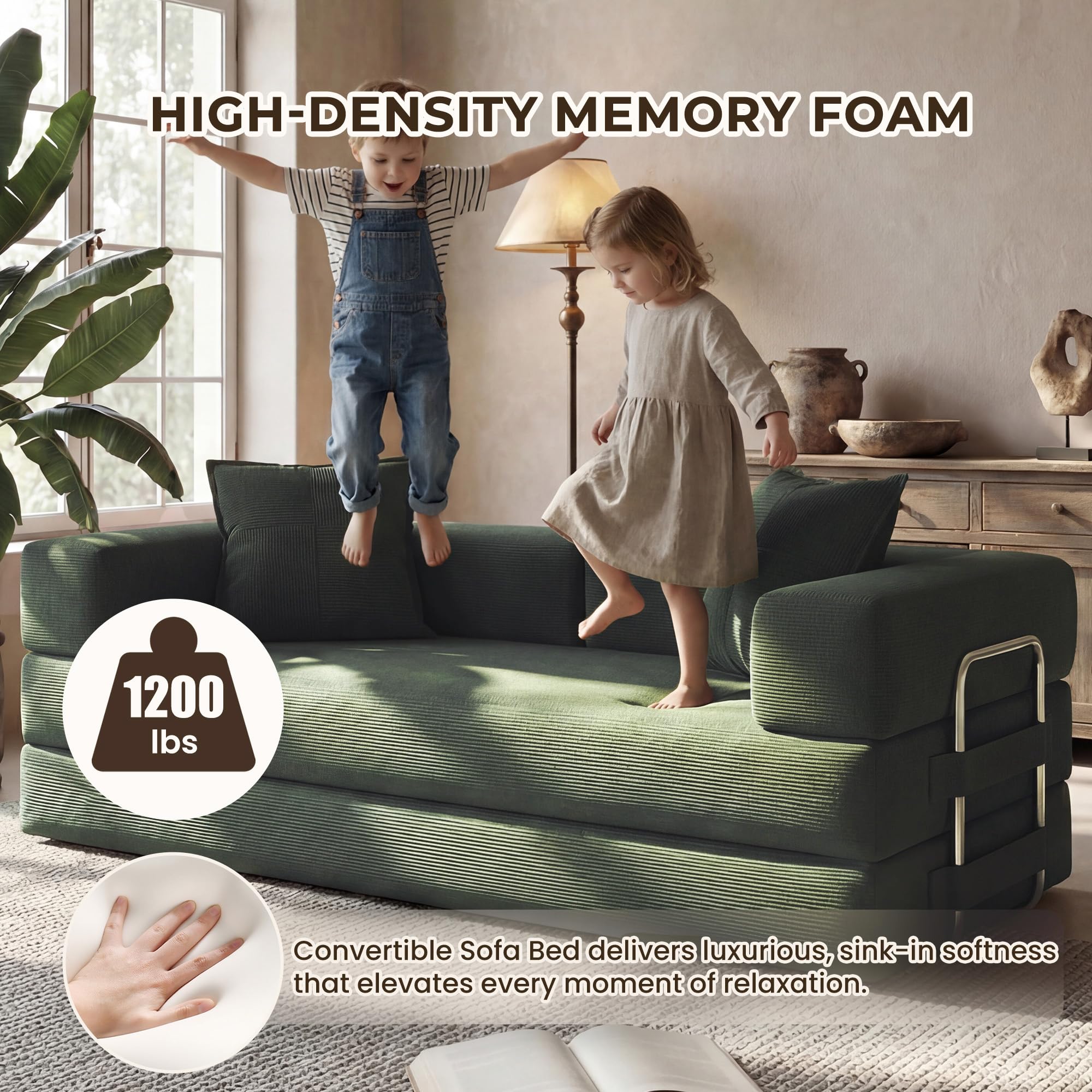 GRUSIGN 78 Inch Convertible Sofa Bed, 5-in-1 Futon Sofa Bed Pull Out Couch, Boneless Couch Bed for Living Room, Corduroy Boneless Couches for Bedroom, Apartment, No Assembly Sleeper Sofa Bed, Green
