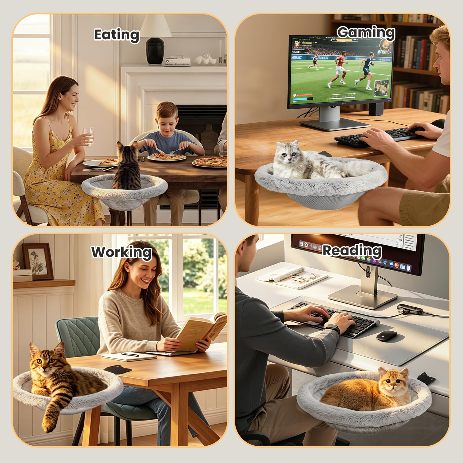 VavoPaw Cama-Escritorio para Gatos, Percha Metálica para Gatos Sin Necesidad De Taladrar, Hamaca Plegable con Clip Y Alfombrilla, Soporta hasta 18 Kg, Muebles para Gatos Que Ahorran Espacio, Gris