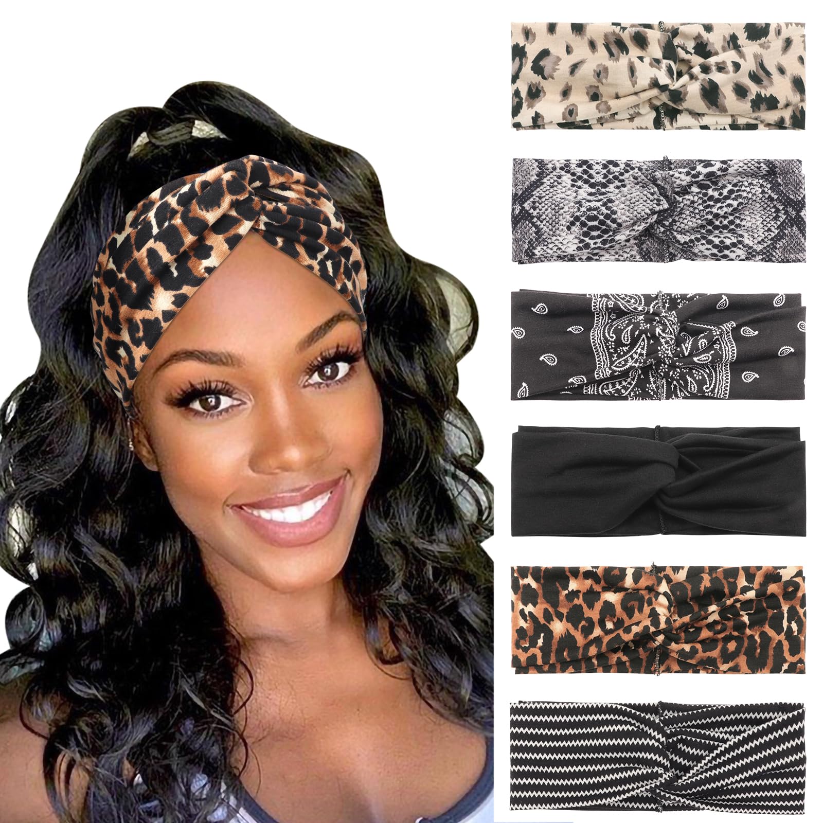 DRESHOW 6 Pack Extra Wide Headbands for Women Large Turban Headband Boho Head Wrap Elastic Hairbands Twisted Knot Hair Band, 6 Pack: Cross Printed a, 1 Count (Pack of 6)-image-28