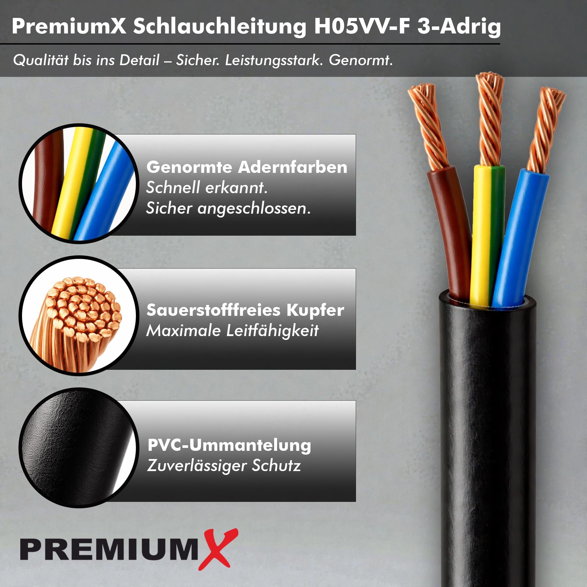 PremiumX Schlauchleitung H05VV-F 3x2,5 mm² - Flexible PVC Anschlussleitung für Elektroanschlüsse im Innenbereich - 20 Meter