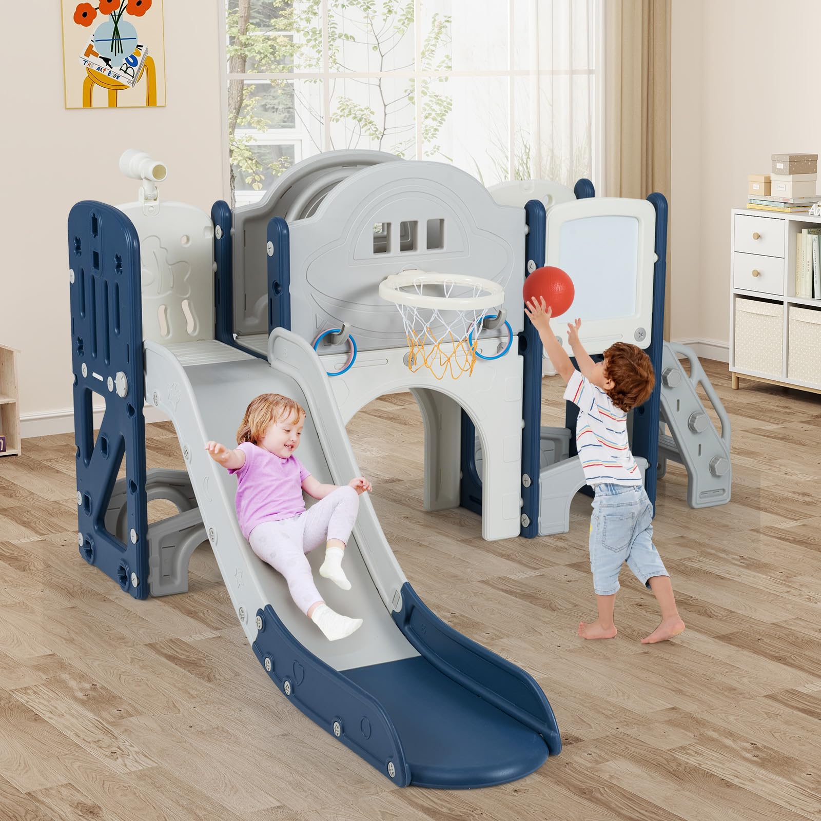 COSTWAY 10 in 1 Set Scivolo per Bambini, Parco Giochi per 18 Mesi+ (Blu) | Scivolo e Arrampicata con Lavagna Magnetica, Telescopio, Lancio ad Anelli, Canestro da Basket, Tunnel