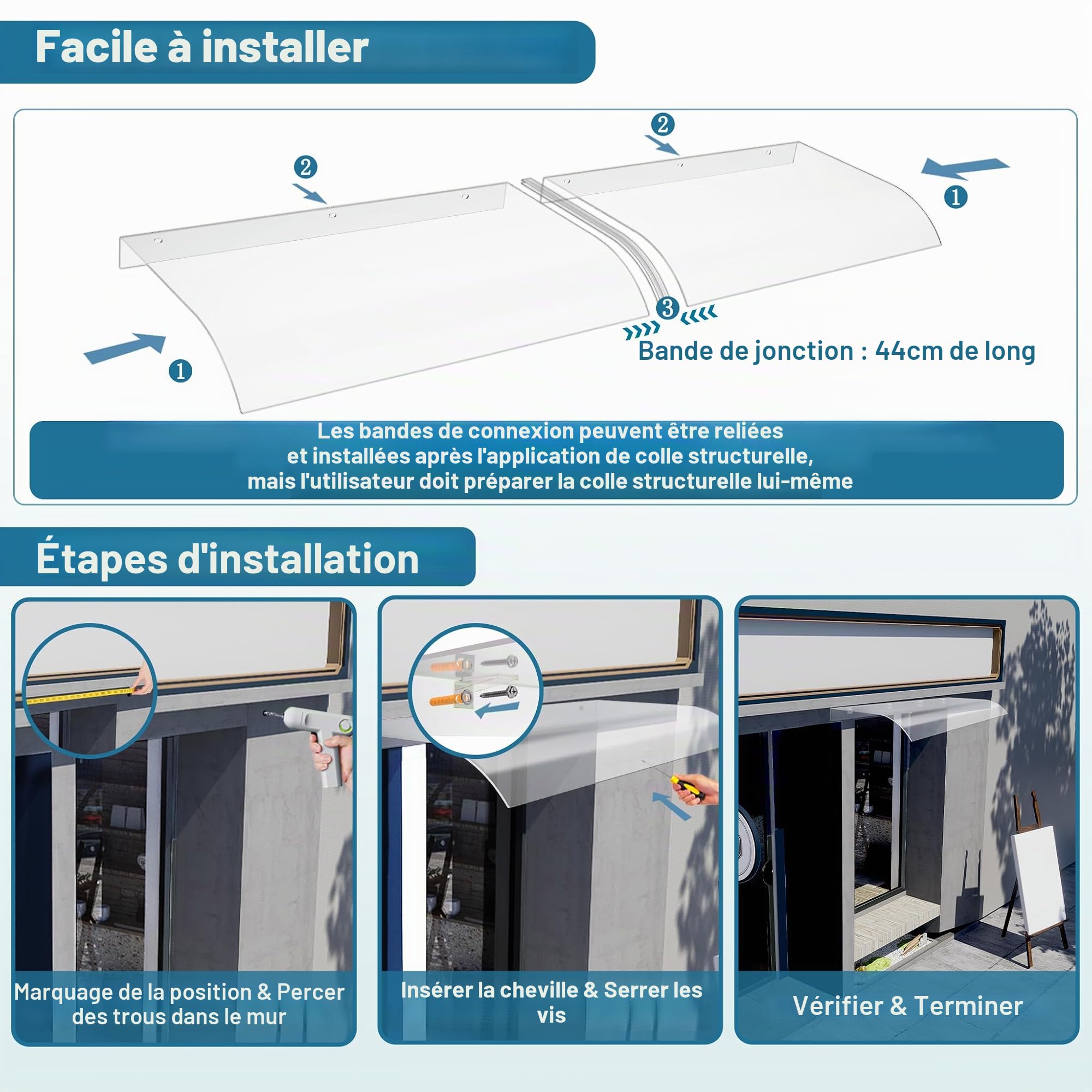 Froadp Auvent pour porte d’entrée Couverture 50 x 120 cm Toit de porte en PET transparent 3,5 mm d’épaisseur Toit de terrasse Protection contre la pluie et UV Auvent pour porte Fenêtre Balcon Garage