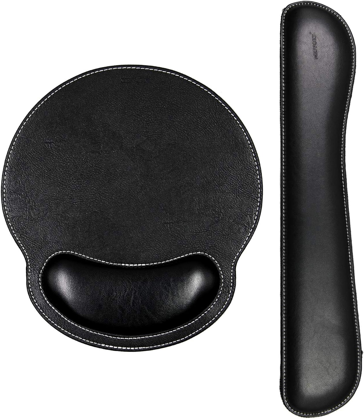 Leather Round Mouse Pad Wrist Support & Gaming Keyboard Pad Set – Durable Ergonomic Anti Slip Non-Slip Base Rest Support - Black