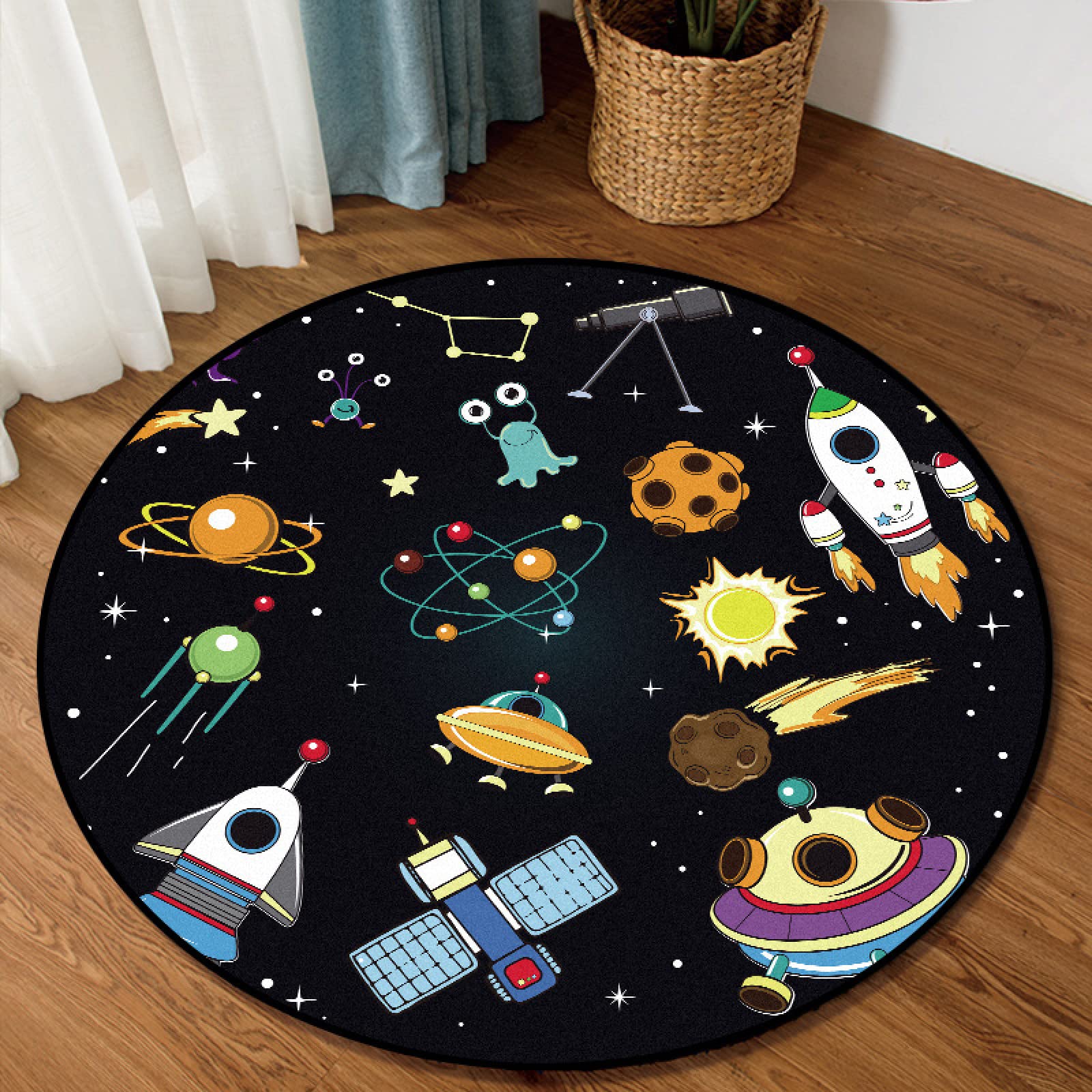 Tapis Rond 120 Cm Bleu Nuit - Design Science-fiction Abstrait - Lavable, Antidérapant (coton+TPR) - Pour Salon, Chambre, Salle à Manger