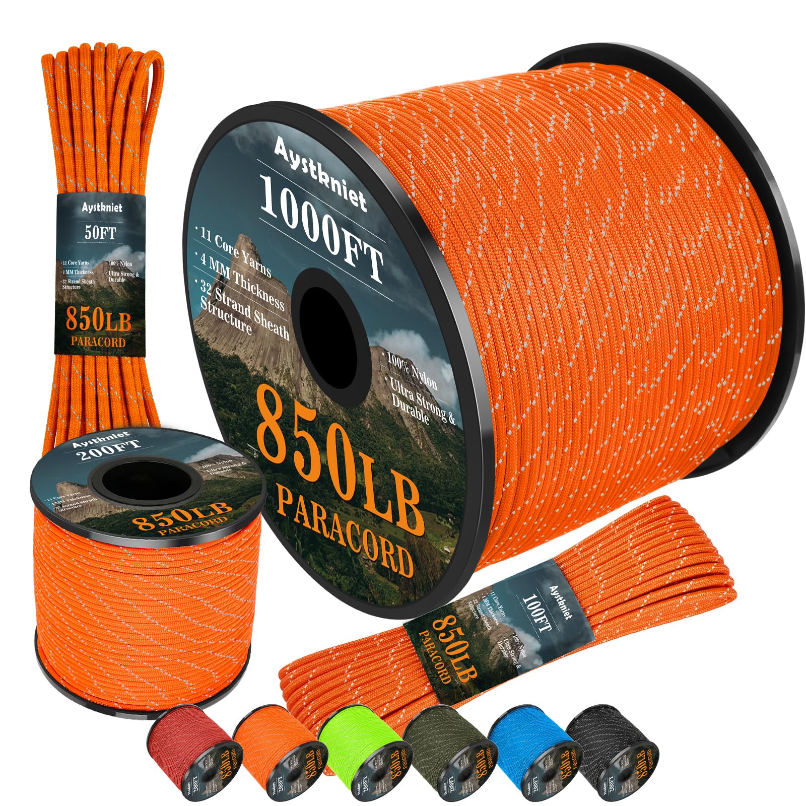 Aystkniet Reflective Paracord 850Ib, 4MM Rope, 11 Strands Outdoor Para Cord, Utility Parachute Cord Tactical Cord for Camping Hiking Survival Crafting DIY, 15M Orange