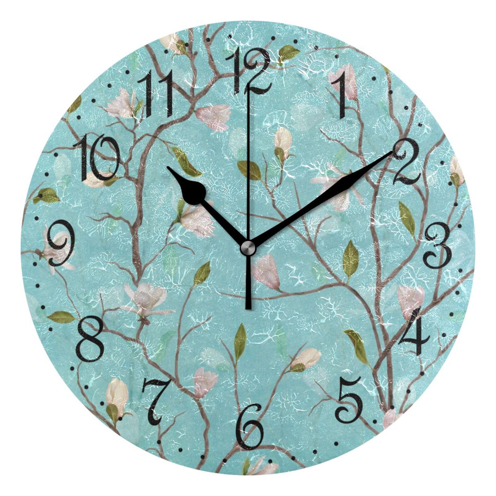 Mnsruu Wall Clock Magnolia Tree Turquoise, Silent Non-Ticking Decorative Wall Clocks Battery Operated 25x25cm