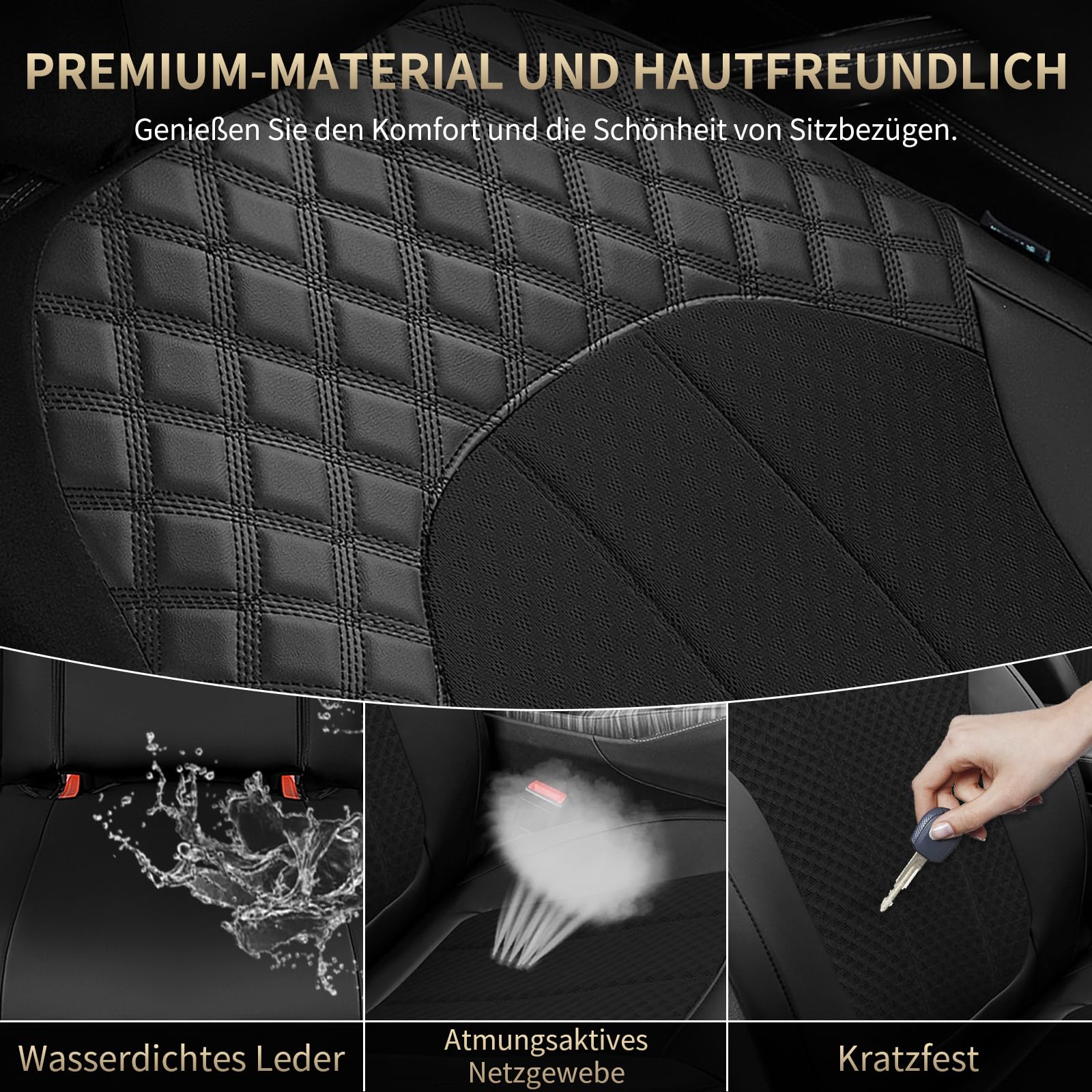 FLORICH Autositzbezüge Komplettset Vordersitzbezüge, PU Leder Air-Mesh Sitzbezüge Atmungsaktiver Sitzschutz Innenbezüge Universell Passend für die Meisten PKWs, SUVs (Komplettset, Schwarz)