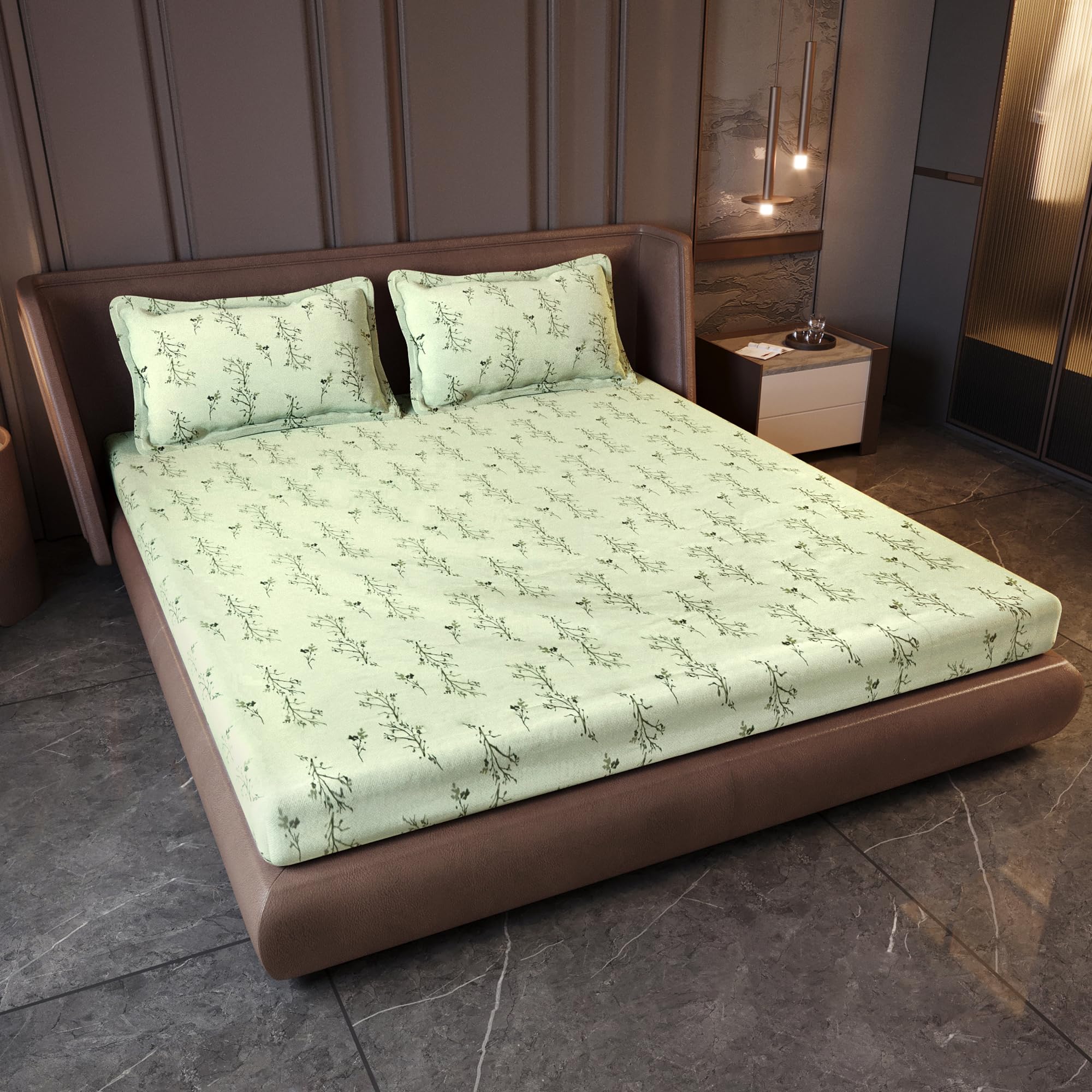 Divine Casa Cotton King Size Bedsheet 210 TC | Soft Skin Friendly Breathable Bed Sheet with 2 Pillow Covers | Pigment Twill Satin Bedding Set | 275 x 275 cm (Pista Green, Floral)