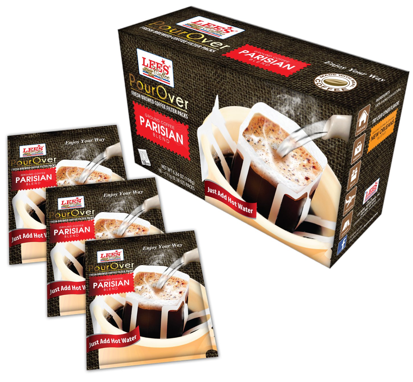 Lee's Coffee Pourover Fresh Ground Filter Packs, Parisian, 18 Count