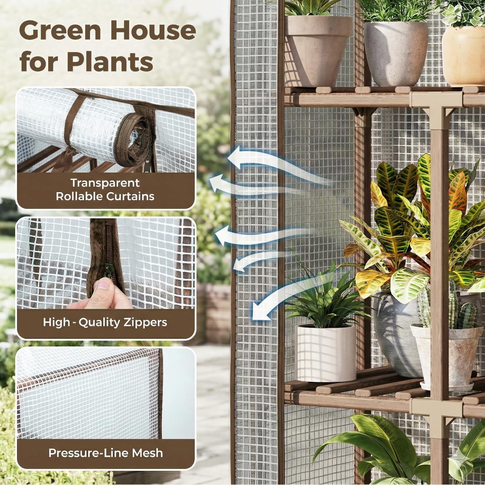 Bamworld Serra da Interno ed Esterno, Serra Alta in Legno per Piante Multiple, 10 Livelli Porta Piante Grande per 11 Vasi, Serra Calda per Angolo Stanza Balcone Giardino Patio