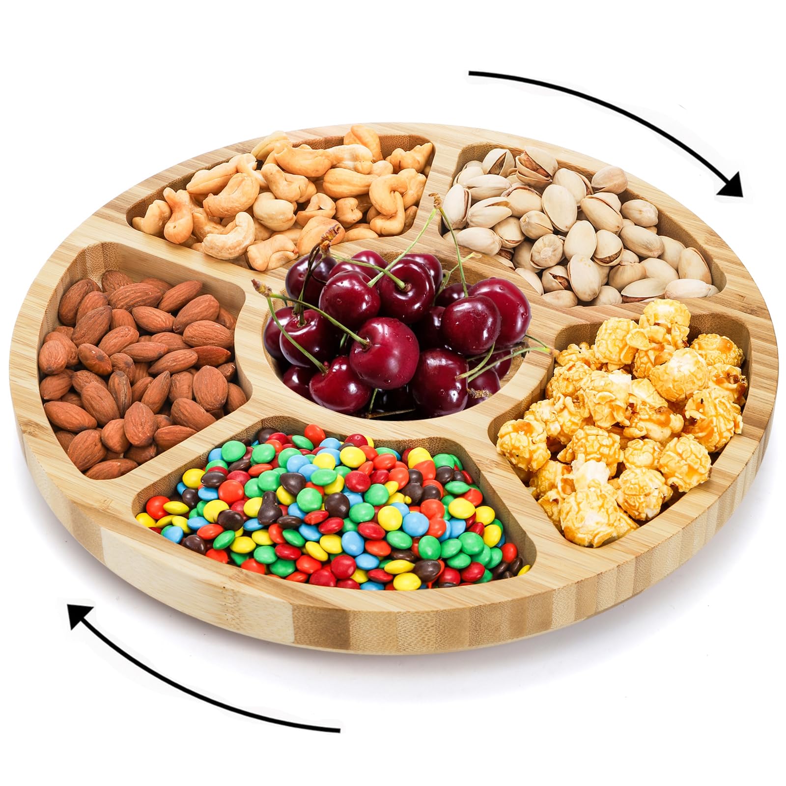 Dicunoy Divided Serving Dish Tray, 13'' Bamboo Rotatable Veggie Fruit Platter, Lazy Susan Relish Sectional Snack Container Bowls with 6 Compartments for Candy, Appetizer, Nuts, Parties