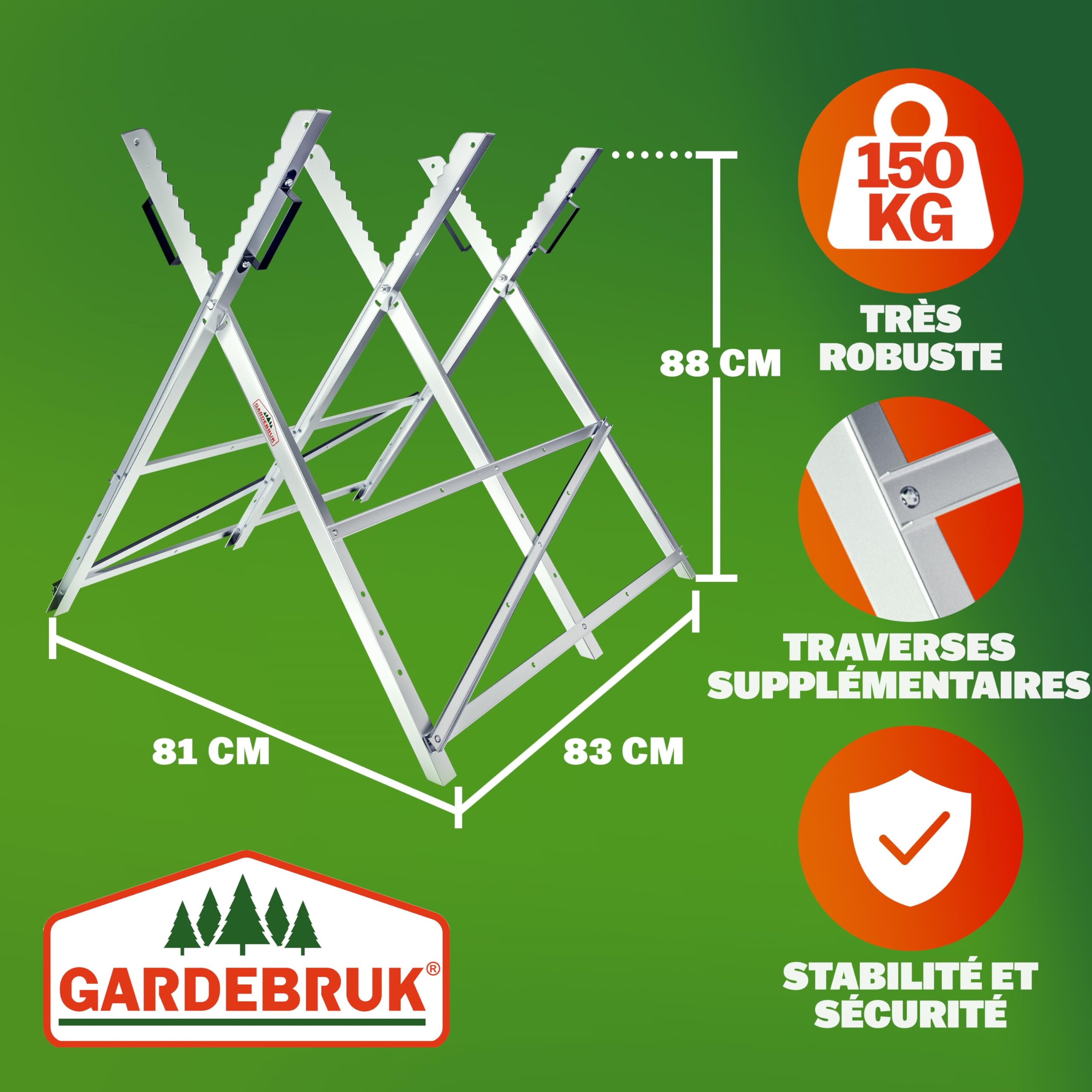 Gardebruk Chevalet de sciage pliable 150 kg métal zingué jardin dents porte-bûches support de coupe tréteau de sciage tronçonneuse